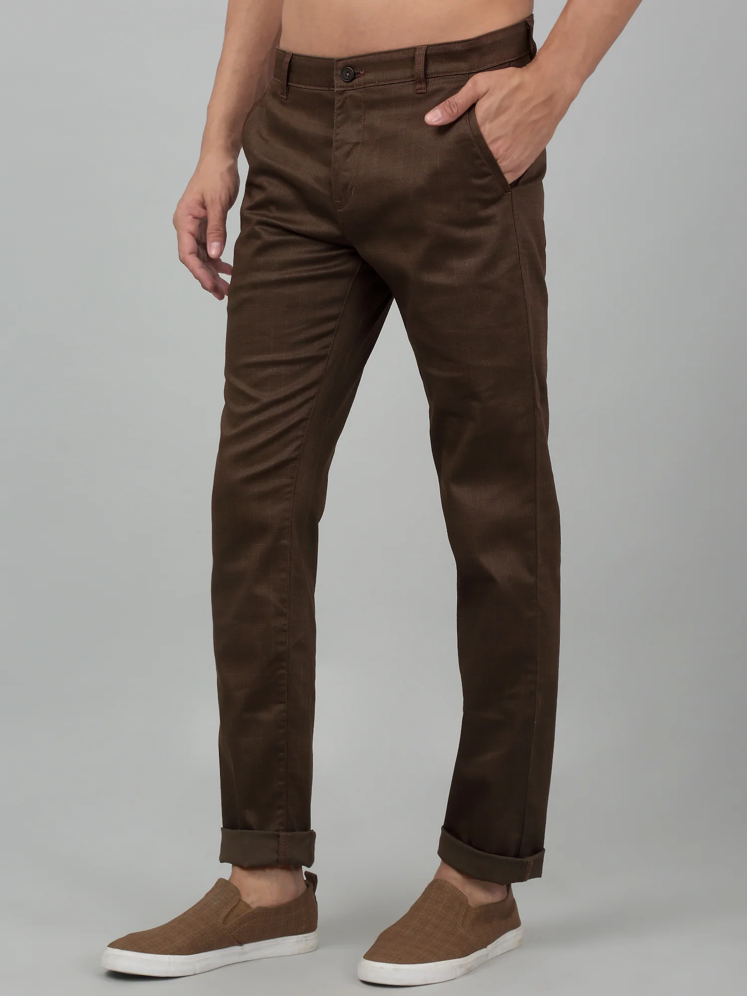 Men's Casual Flat front Brown Checks Trousers - Image 3