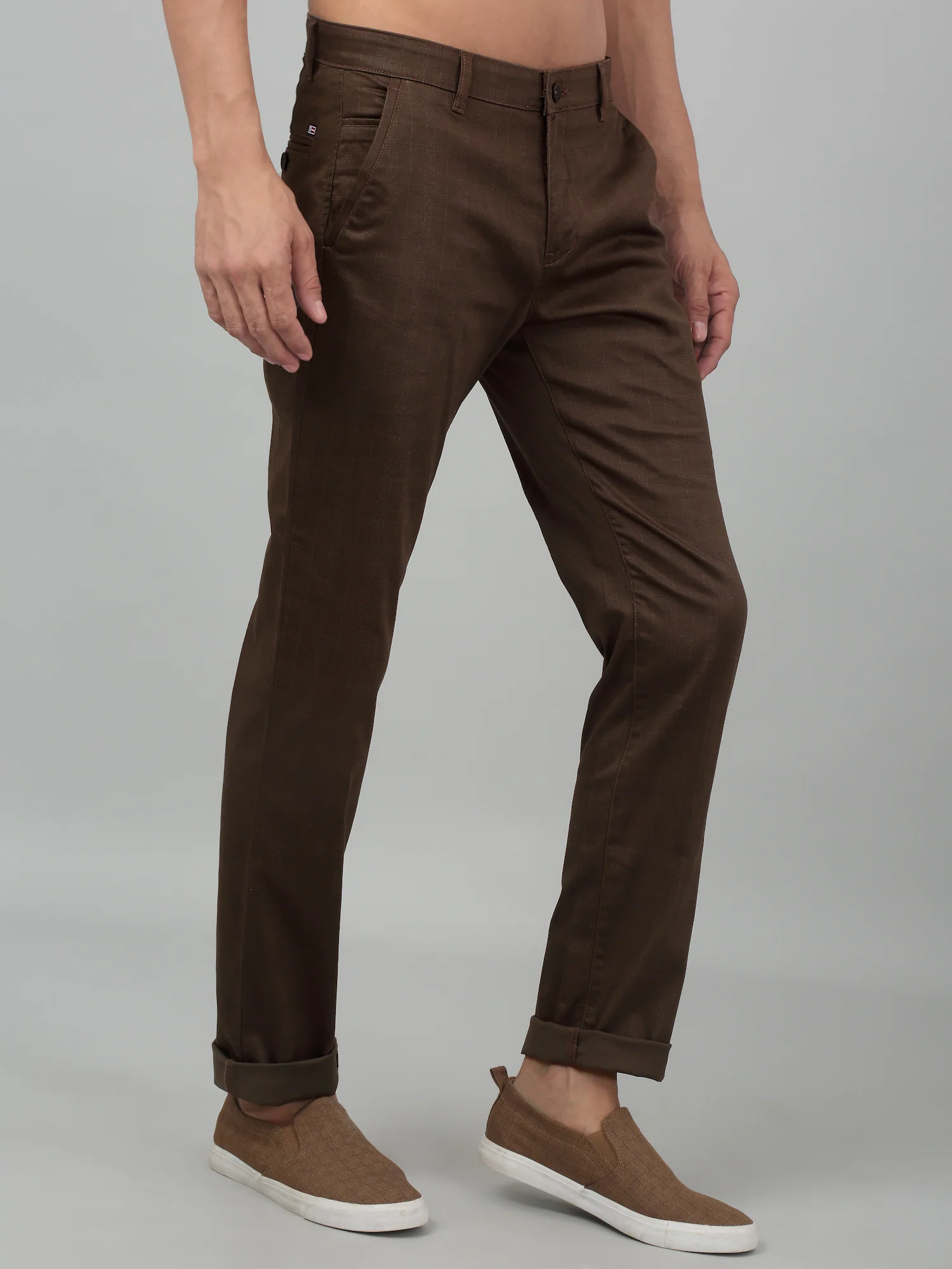 Men's Casual Flat front Brown Checks Trousers - Image 4