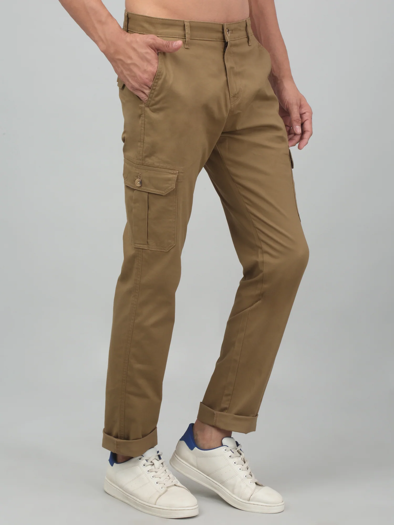 Men's Brown Solid Stretchable Cargo - Image 4