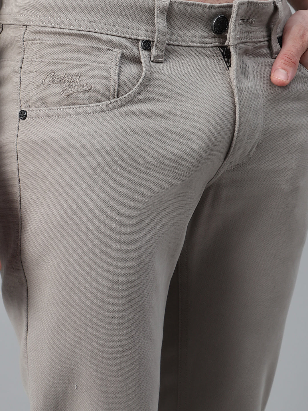 Casual Trouser for Men | Breathable & Soft with Color Fastness Regular Fit Cotton Blend Fabric Self Design Pattern Button Closure - Image 5