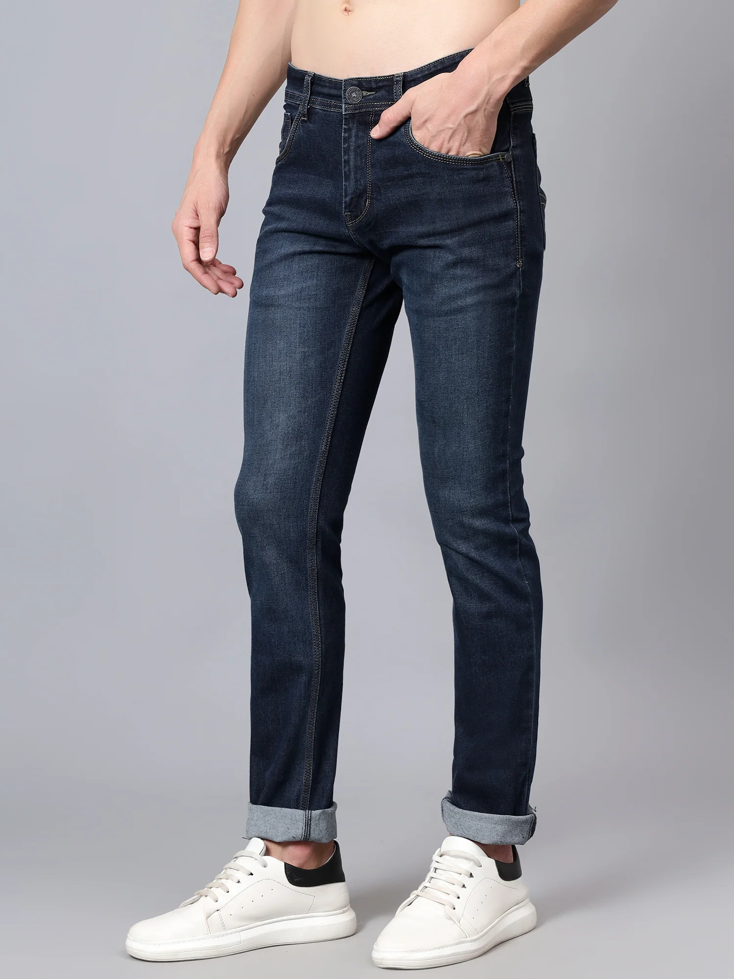 Denim Jeans for Men l Breathable & Soft with Color Fastness Ultra Narrow Fit Cotton Fabric Solid Pattern Button Closure - Image 4