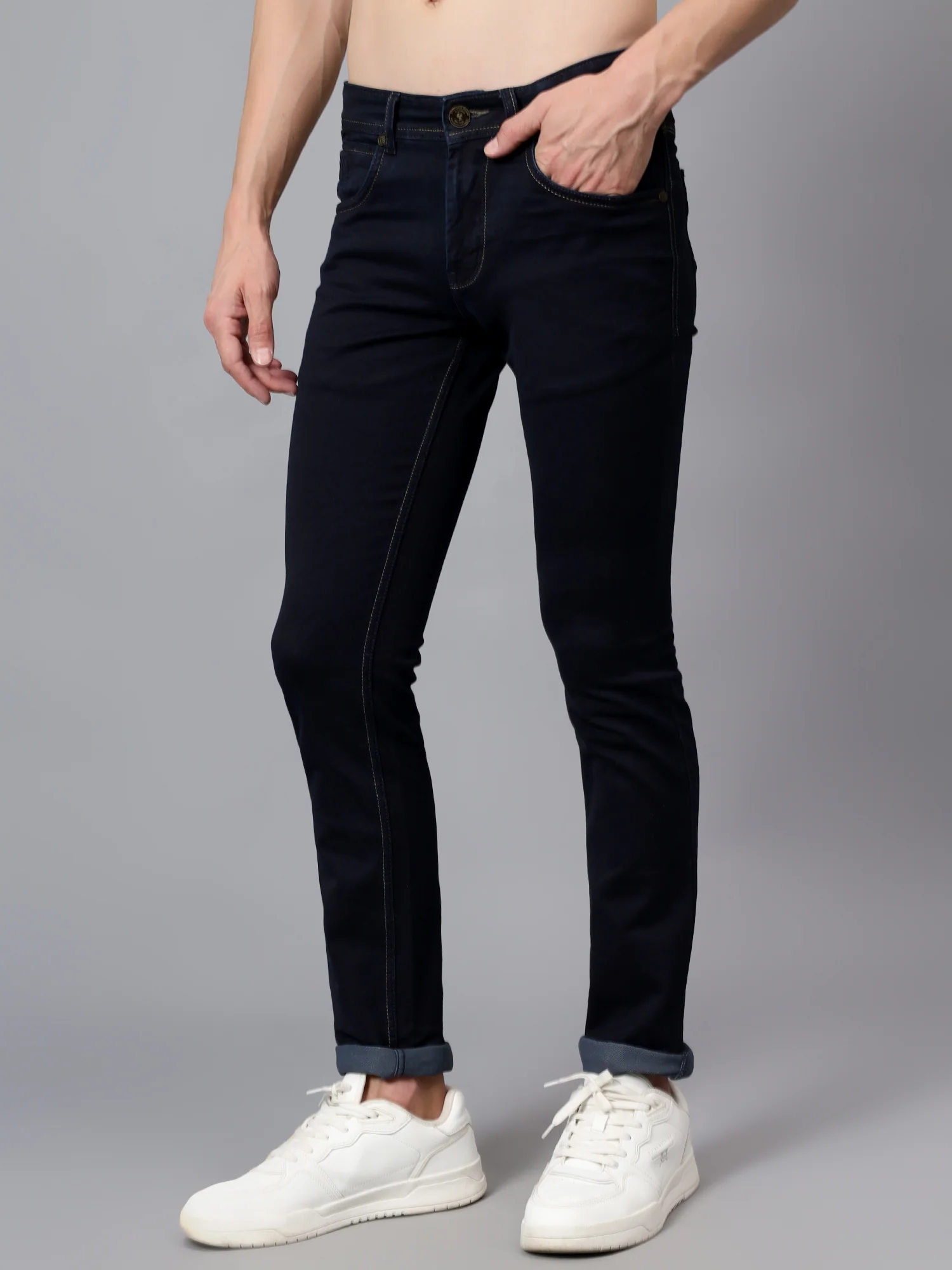 Denim Jeans for Men l Breathable & Soft with Color Fastness Ultra Narrow Fit Cotton Fabric Solid Pattern Button Closure - Image 4