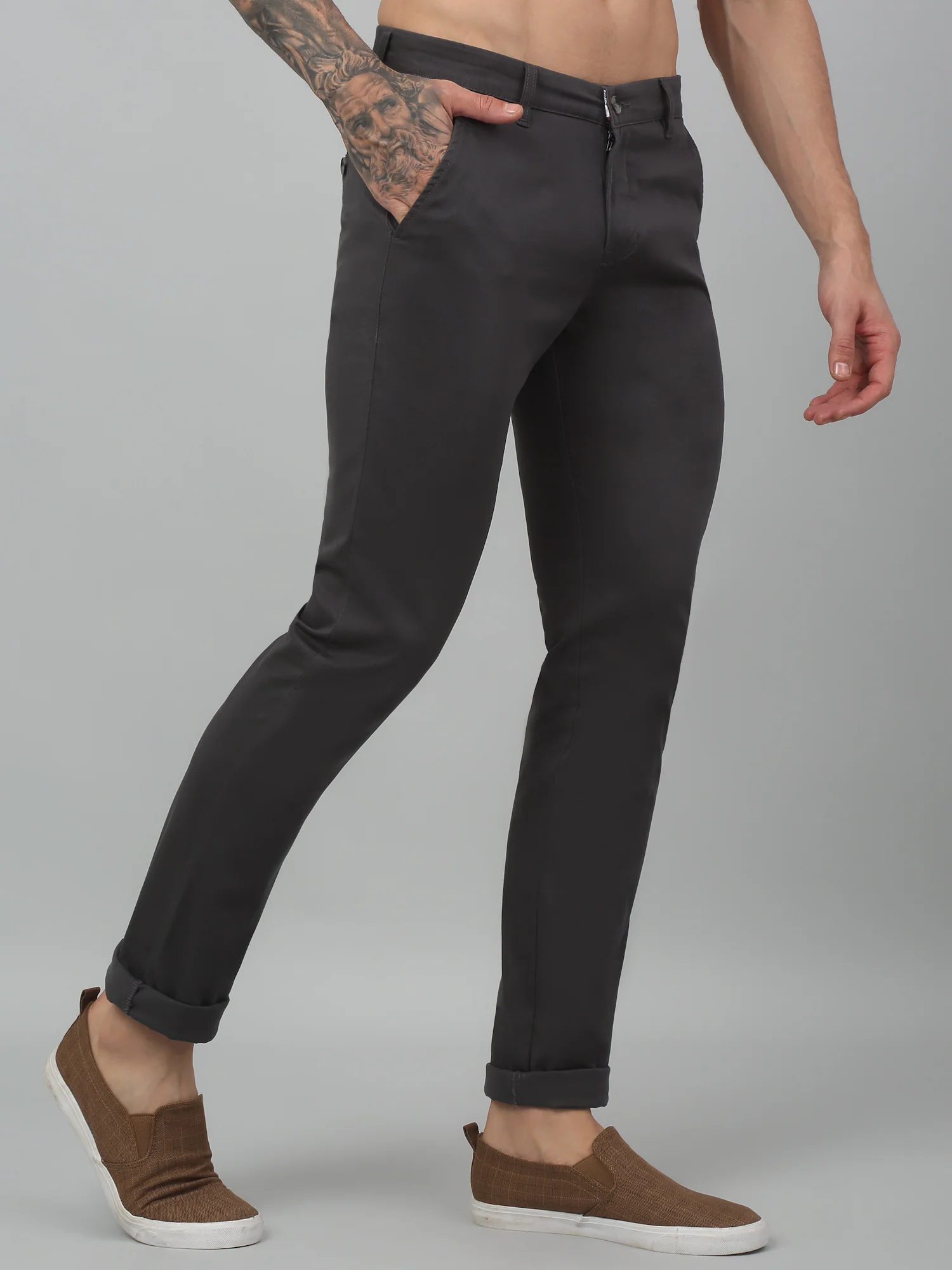 Men's Casual Flat front Dark Grey  Trousers - Image 3