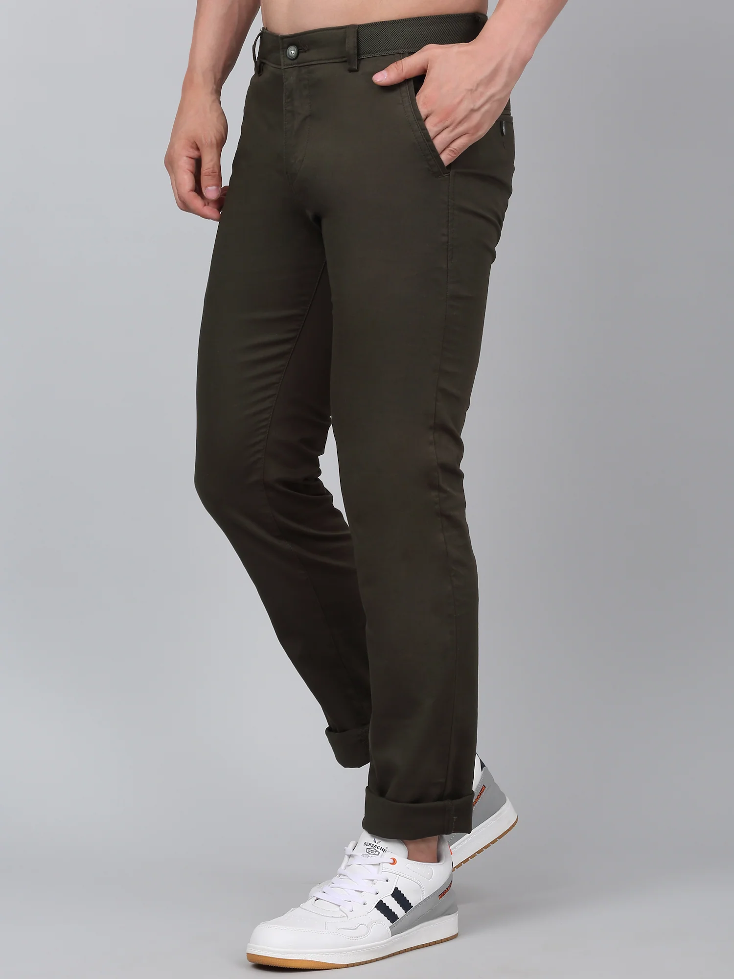 Men's Dark Green Self-Design Non-Pleated Stretchable Casual Trouser - Image 4