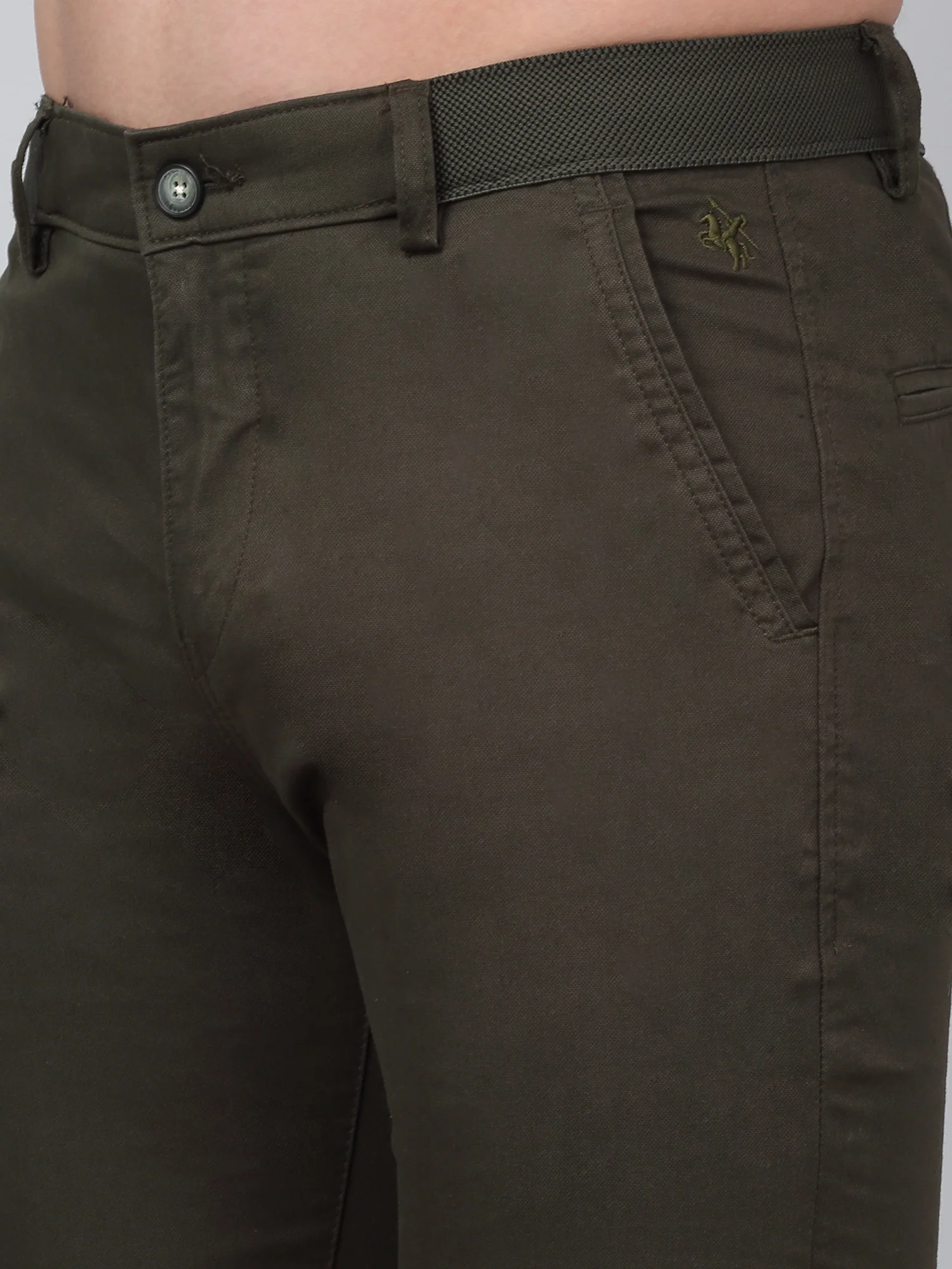 Men's Dark Green Self-Design Non-Pleated Stretchable Casual Trouser - Image 5