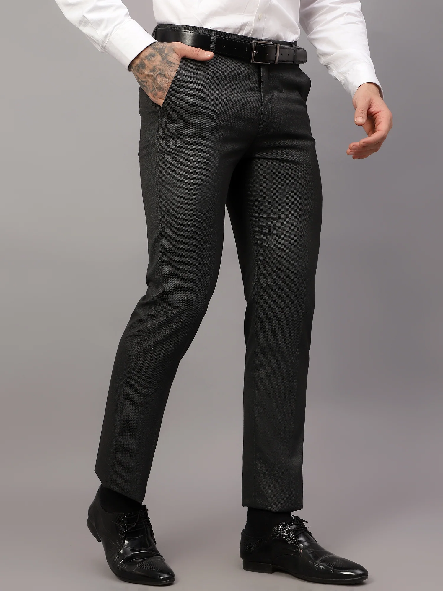 Formal Trouser for Men | Breathable & Soft with Color Fastness Regular Fit Poly Viscose Fabric Self Design Pattern Hook & Eye Closure - Image 4