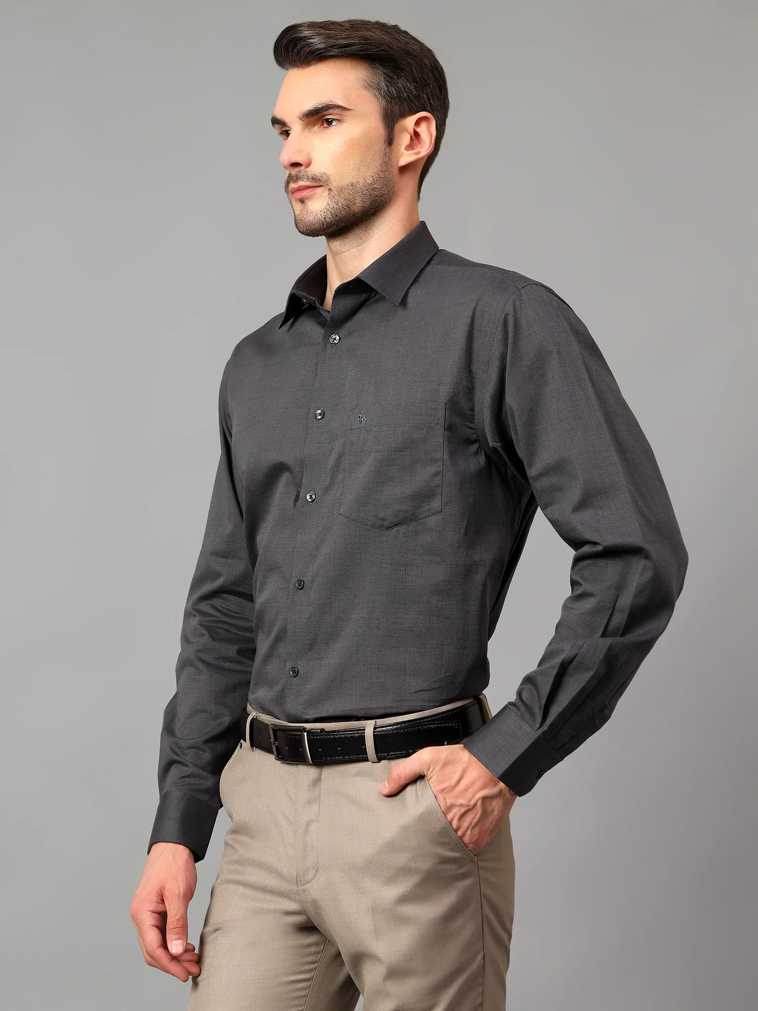 Men's Dark Grey Formal Fil a Fil Plain Full Sleeve Shirt - Image 4