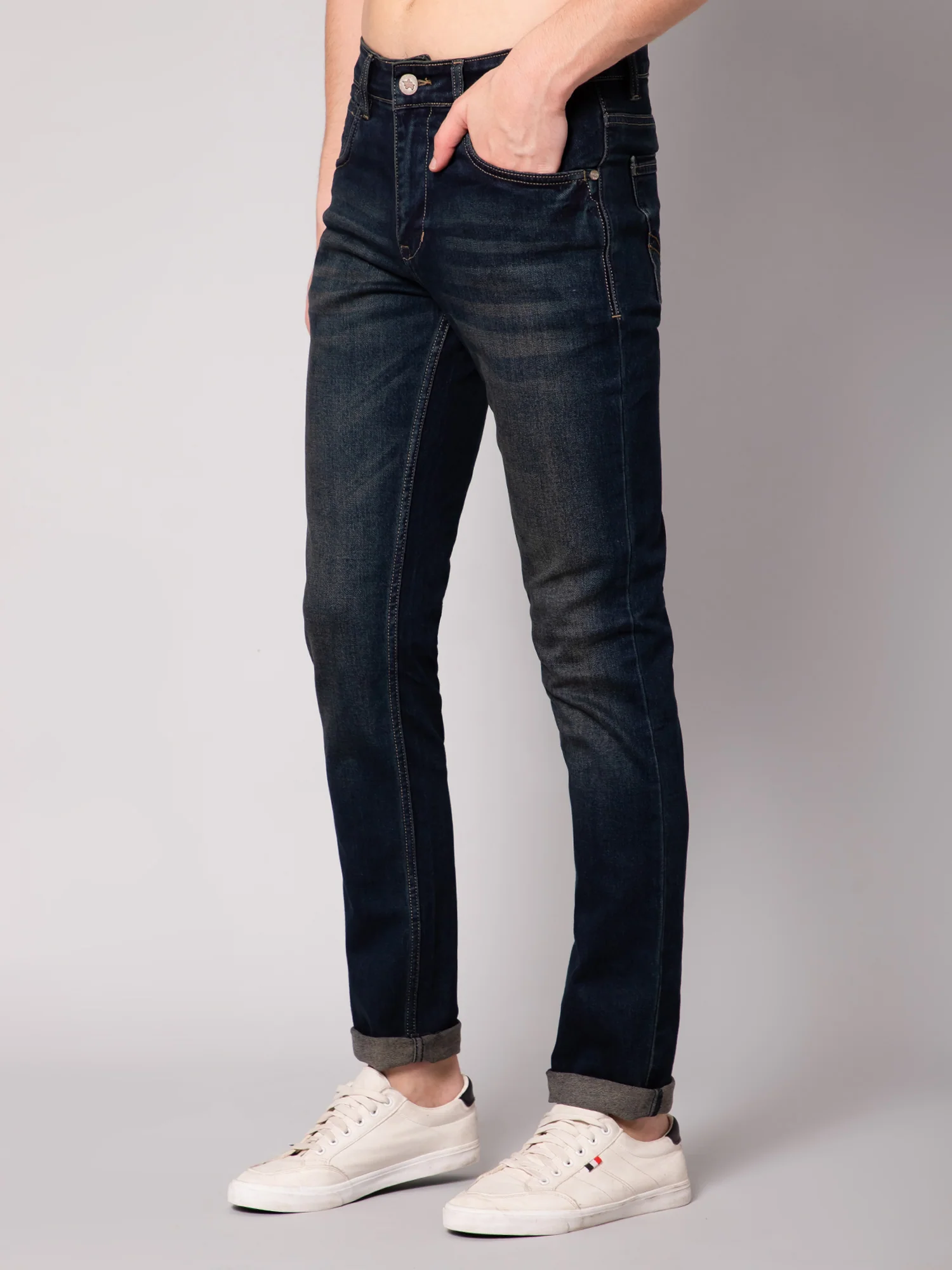 Denim Jeans for Men l Breathable & Soft with Color Fastness Ultra Narrow Fit Cotton Fabric Solid Pattern Button Closure - Image 3