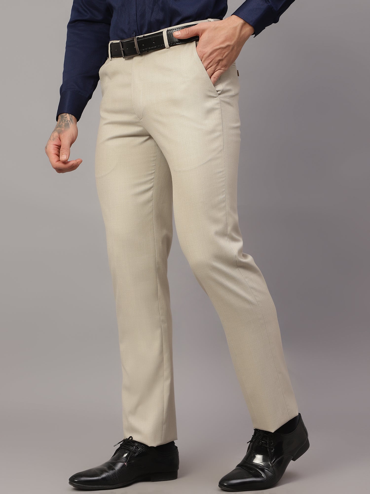 Formal Trouser for Men | Breathable & Soft with Color Fastness Regular Fit Poly Viscose Fabric Self Design Pattern Hook & Eye Closure - Image 3