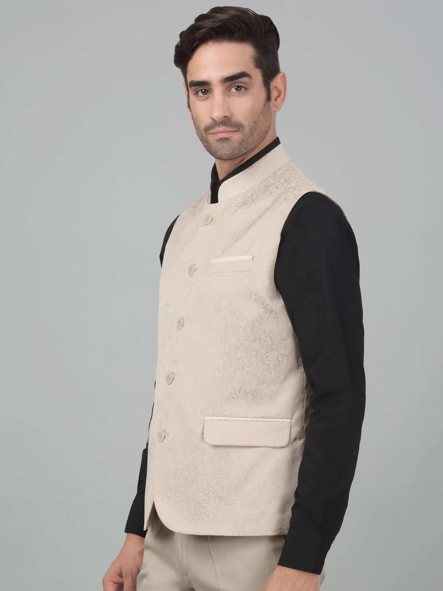 Men's Fawn Self Design Party Wear Waistcoat - Image 3