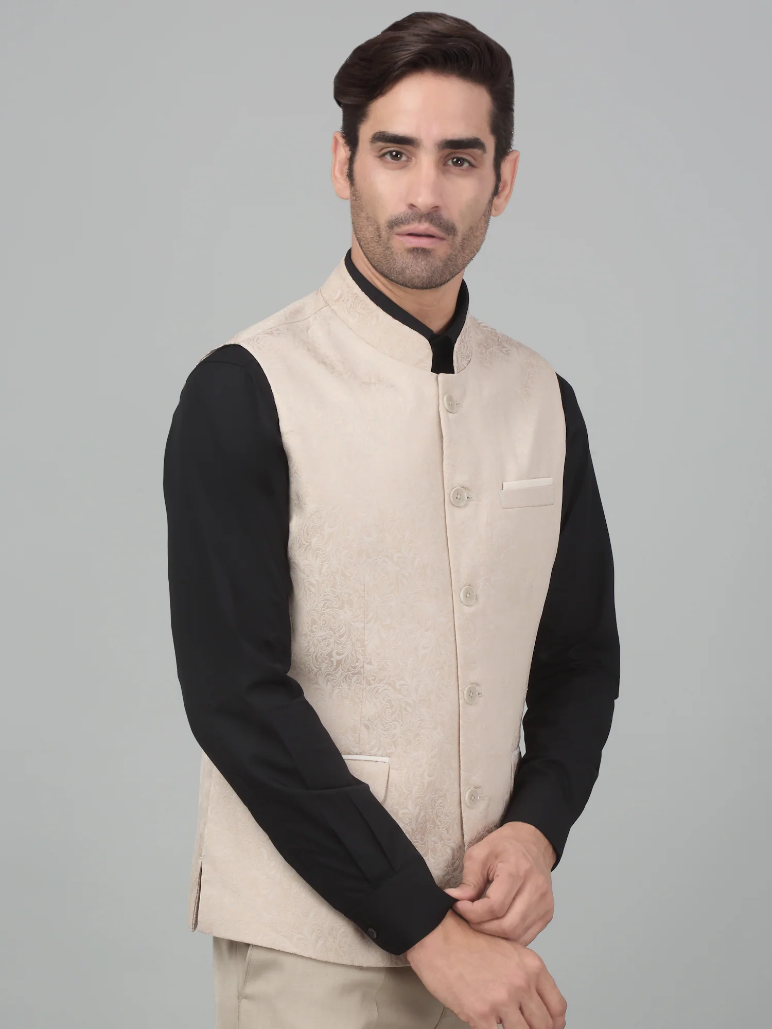 Men's Fawn Self Design Party Wear Waistcoat - Image 4