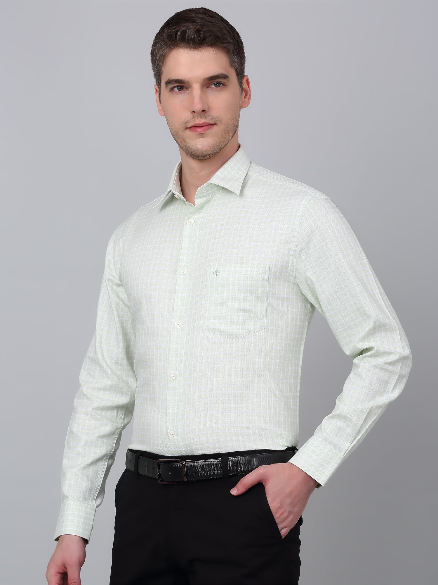 Men's Green Formal Small Checks Full Sleeve Shirt - Image 3