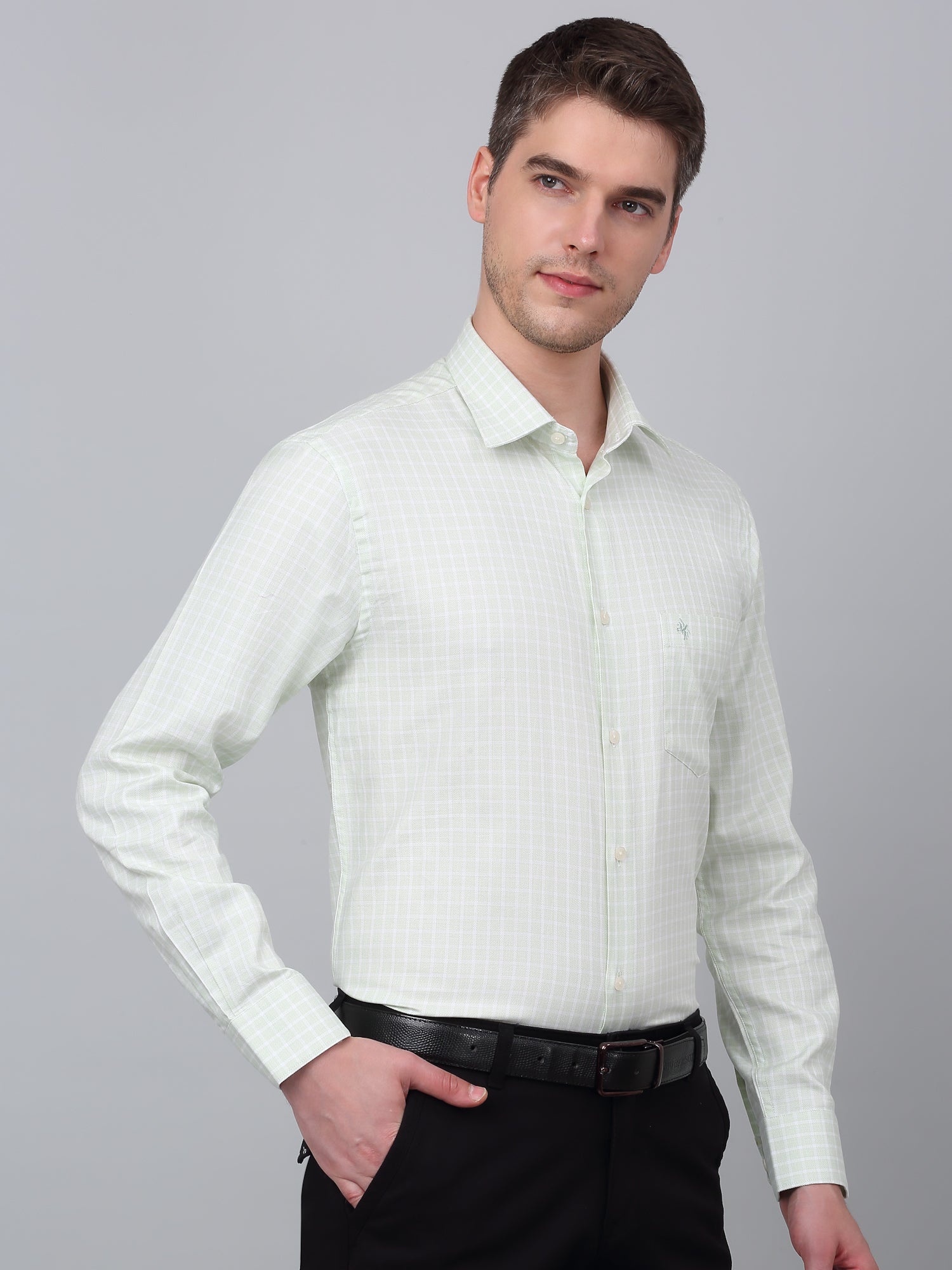 Men's Green Formal Small Checks Full Sleeve Shirt - Image 4