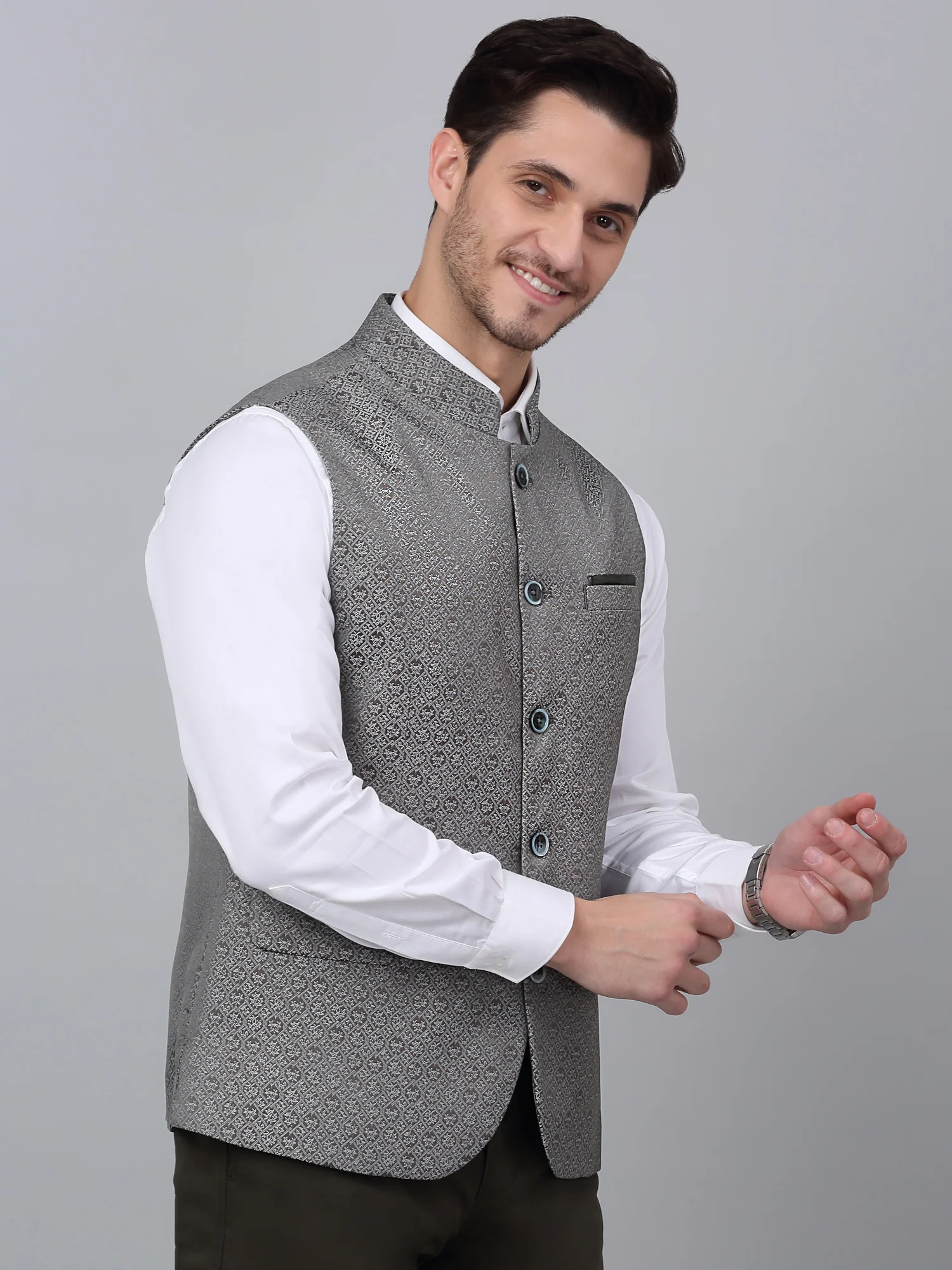 Men's Green Self Design Party Wear Waistcoat - Image 3
