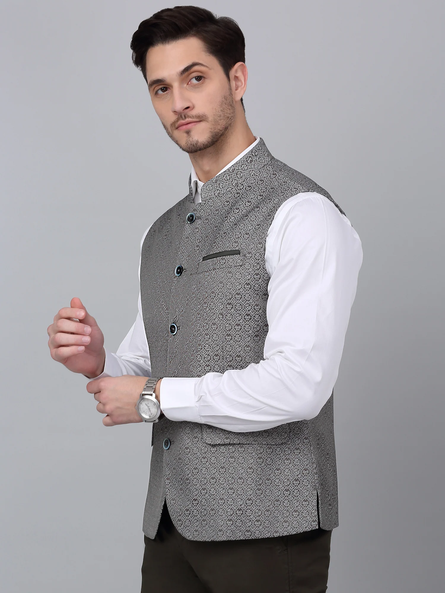 Men's Green Self Design Party Wear Waistcoat - Image 4