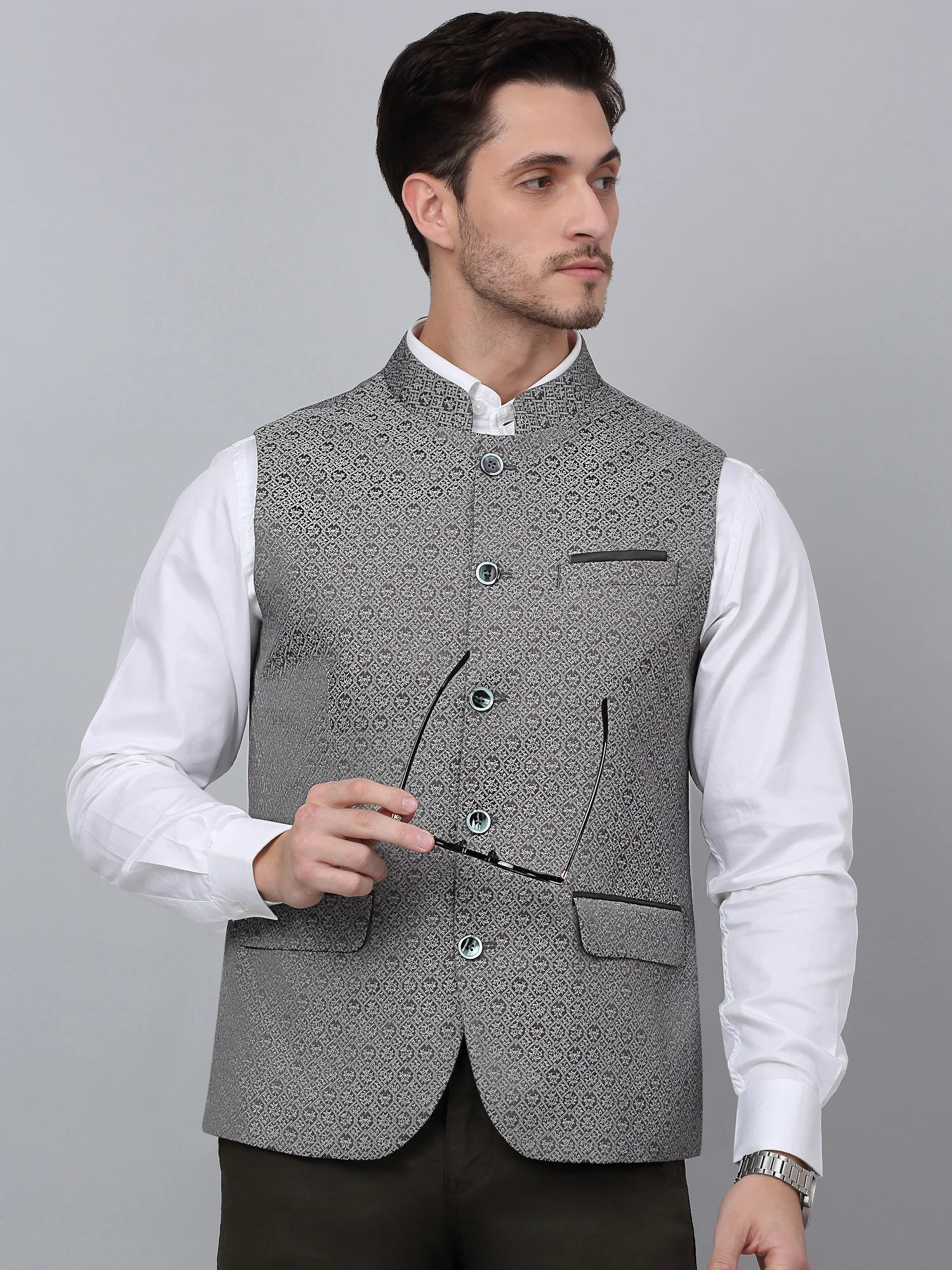 Men's Green Self Design Party Wear Waistcoat - Image 6