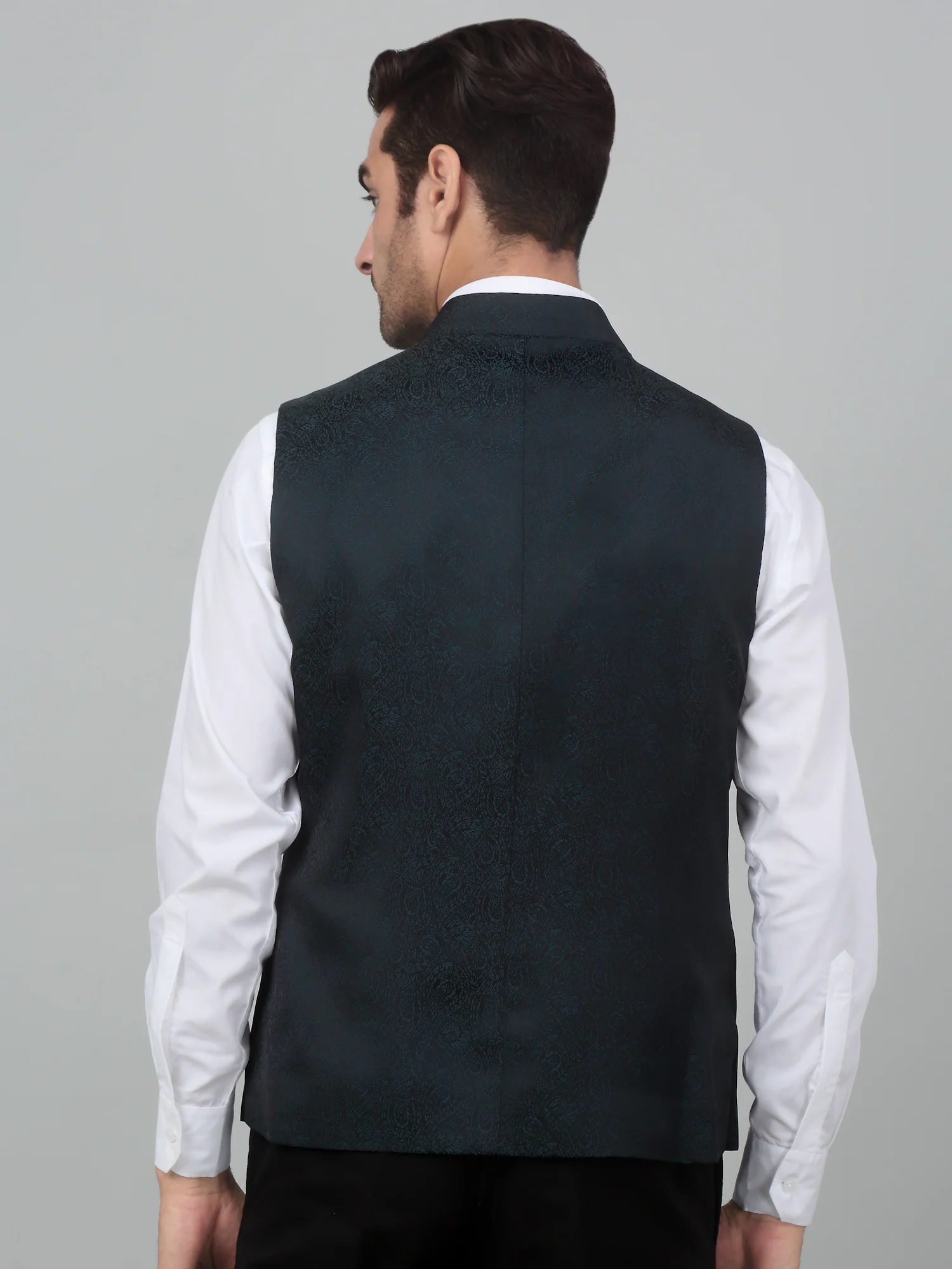 Men's Green Self Design Party Wear Waistcoat - Image 2
