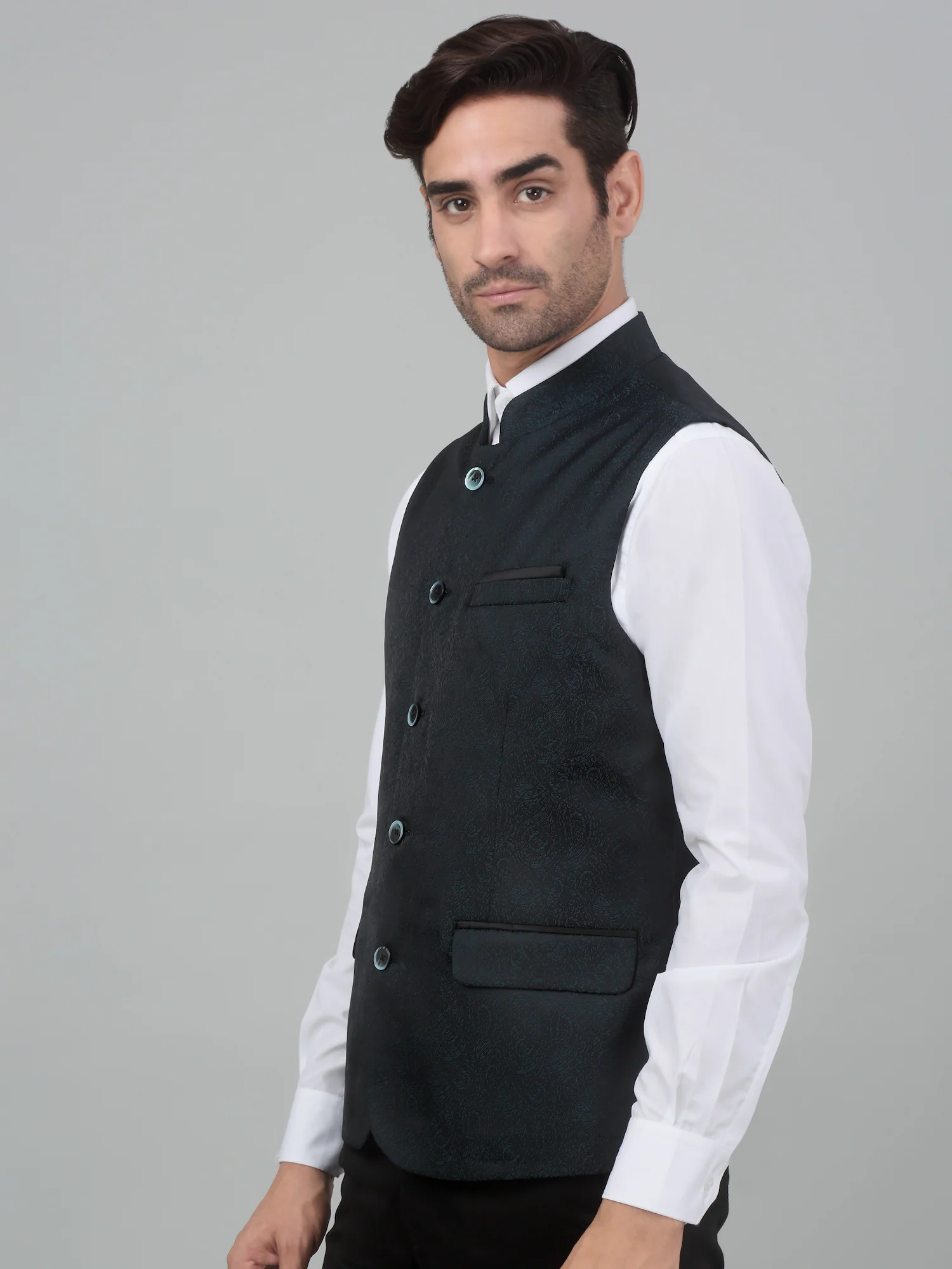 Men's Green Self Design Party Wear Waistcoat - Image 3