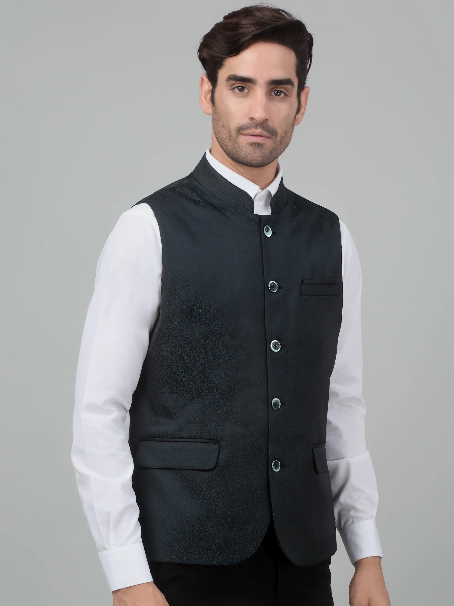 Men's Green Self Design Party Wear Waistcoat - Image 4