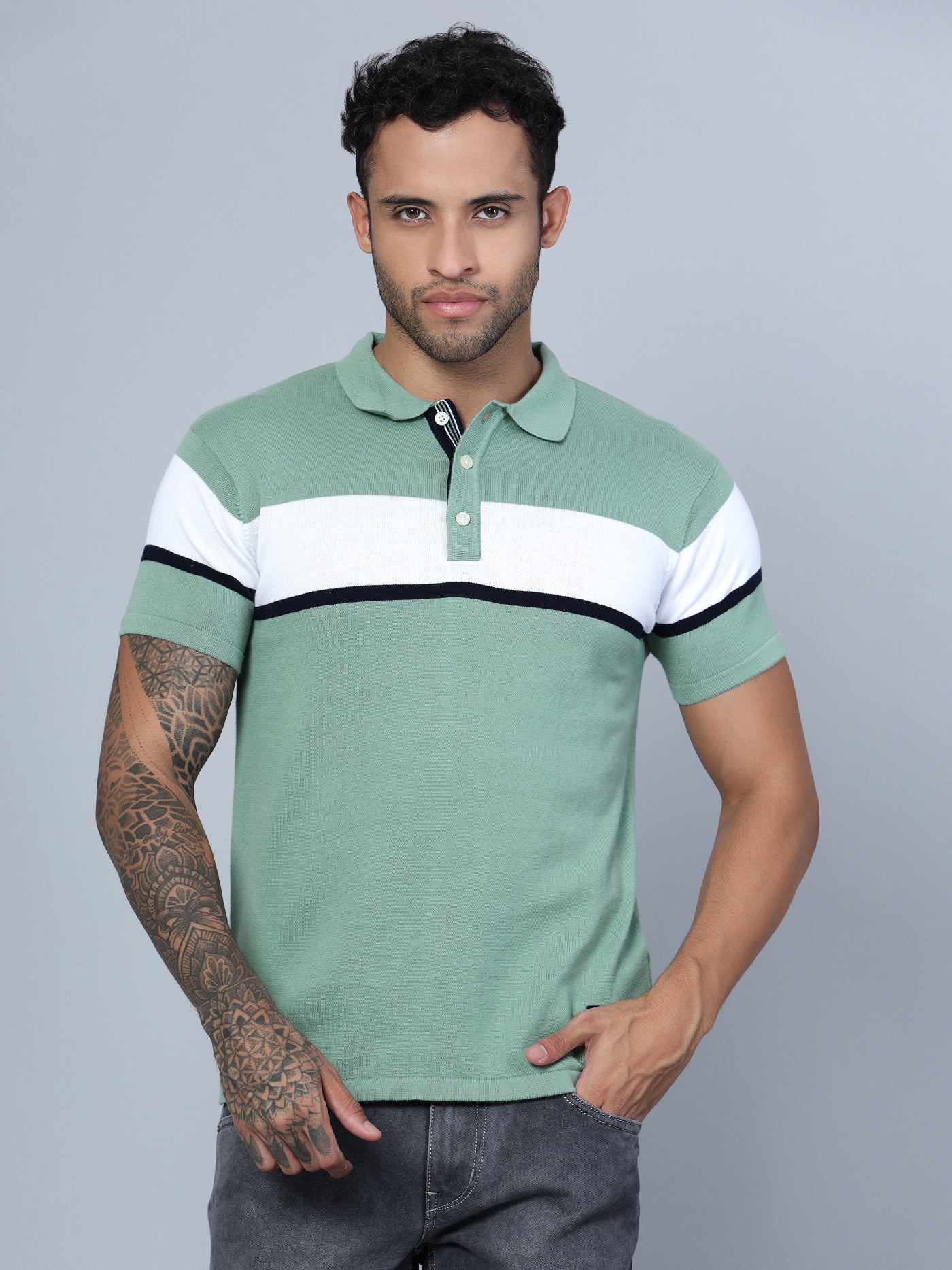 T-Shirt for Men | Breathable & Soft with Color Fastness Regular Fit Polo Neck Cotton Fabric Striped Pattern - Image 2
