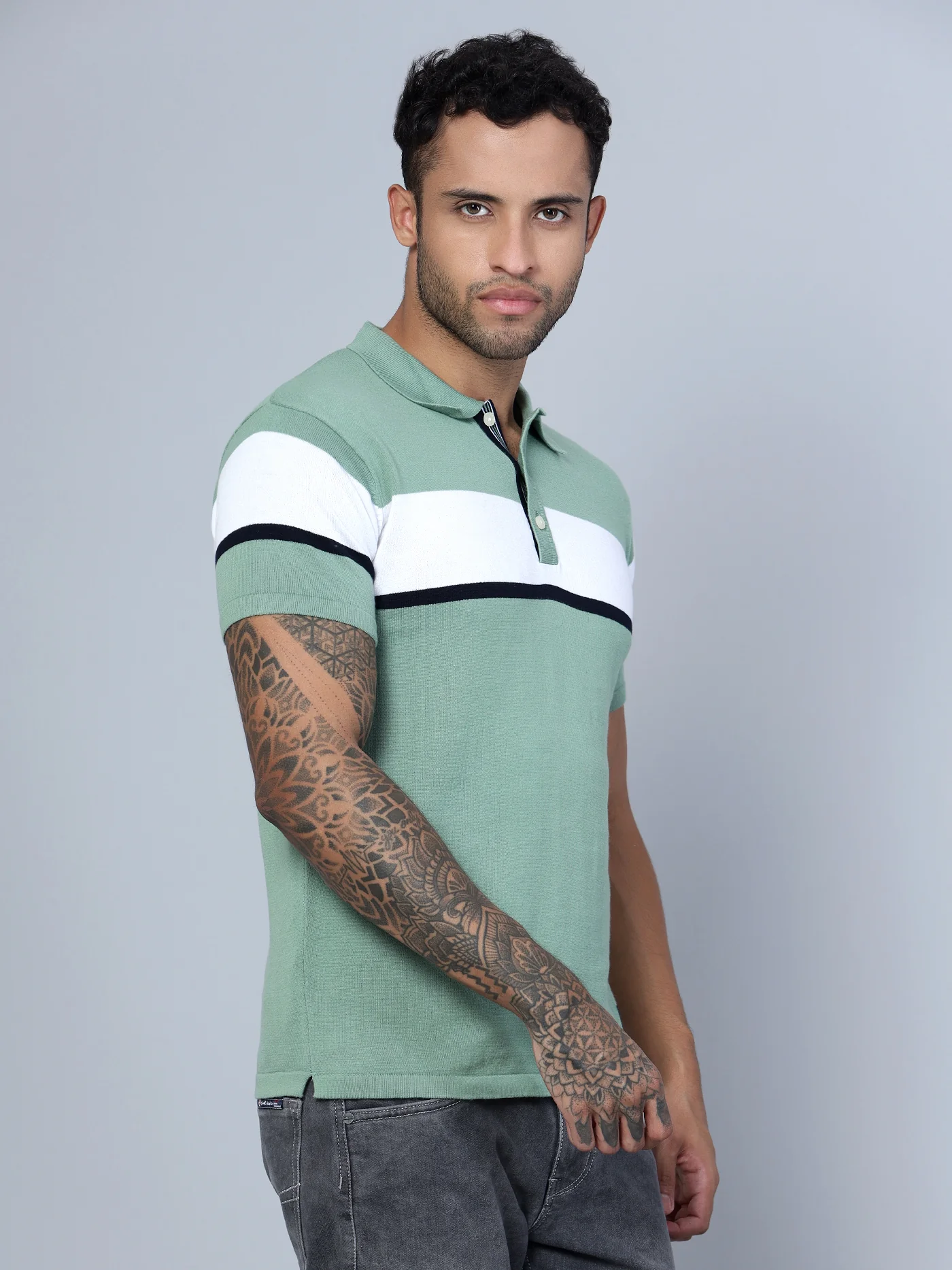 T-Shirt for Men | Breathable & Soft with Color Fastness Regular Fit Polo Neck Cotton Fabric Striped Pattern - Image 4