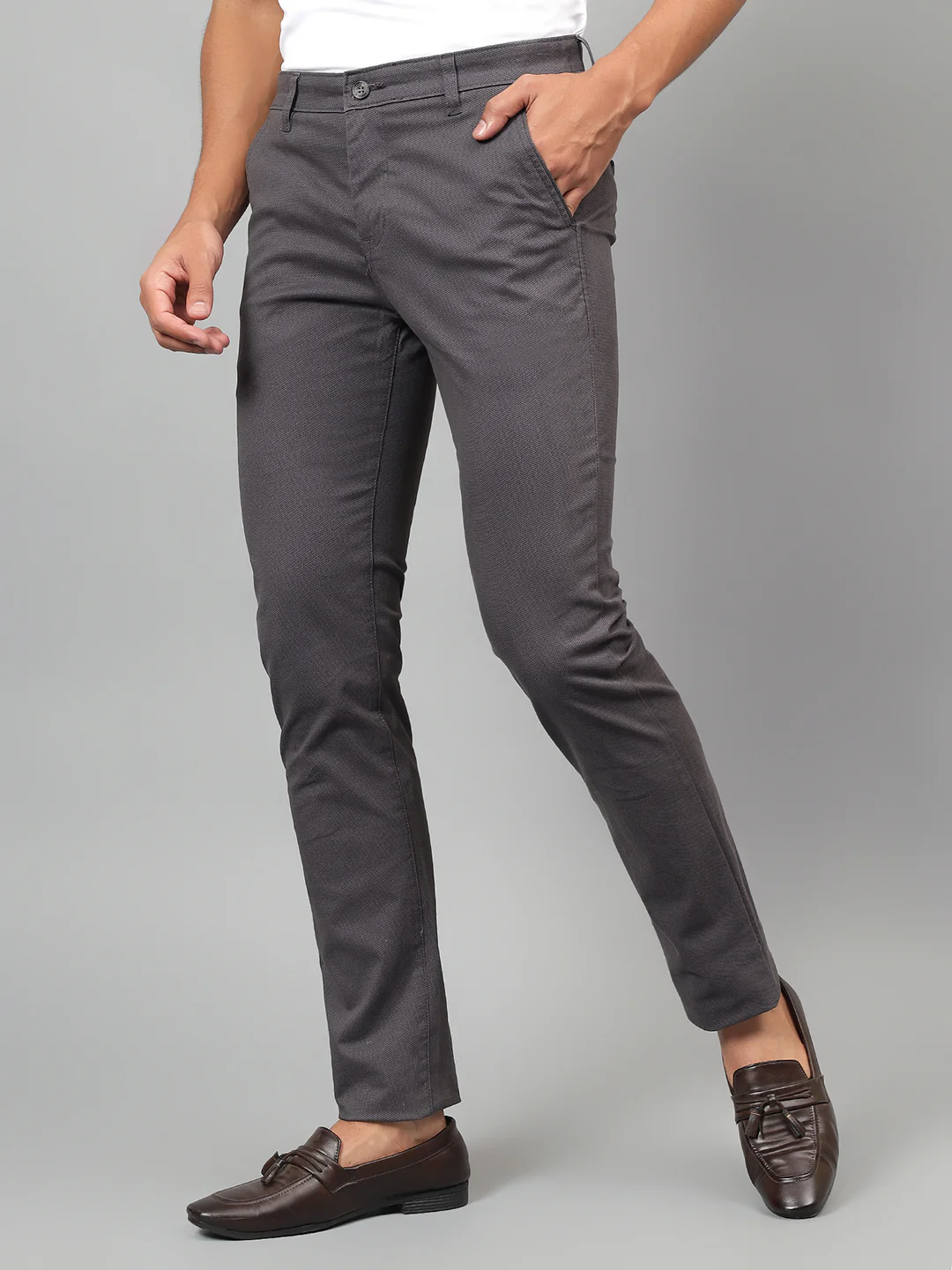 Casual Trouser for Men | Breathable & Soft with Color Fastness Regular Fit Cotton Blend Fabric Self Design Pattern Button Closure - Image 4