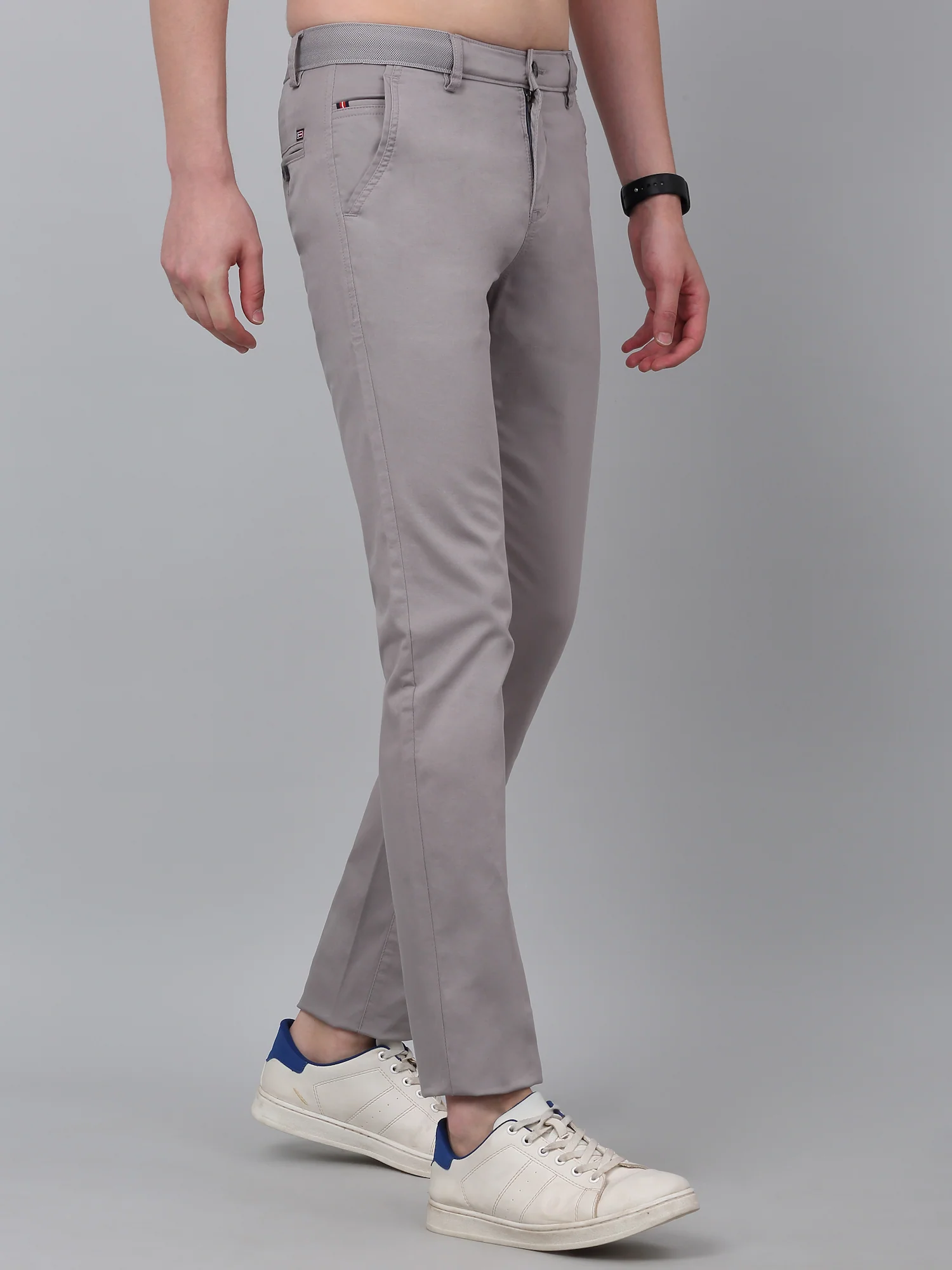 Men's Grey Self-Design Non-Pleated Stretchable Casual Trouser - Image 3