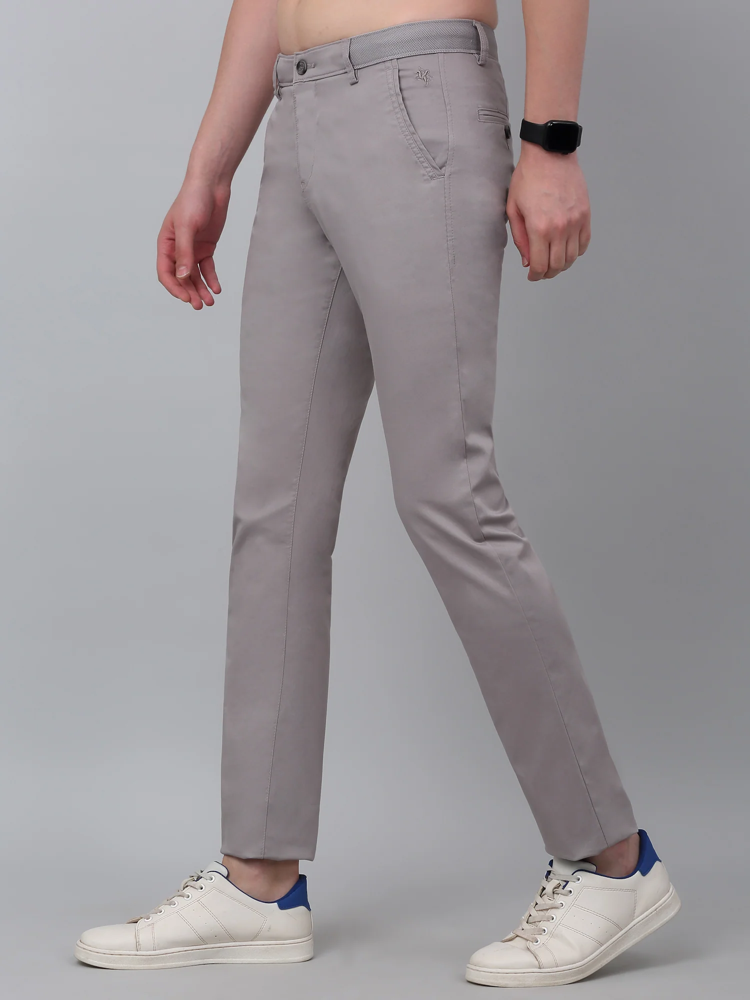 Men's Grey Self-Design Non-Pleated Stretchable Casual Trouser - Image 4
