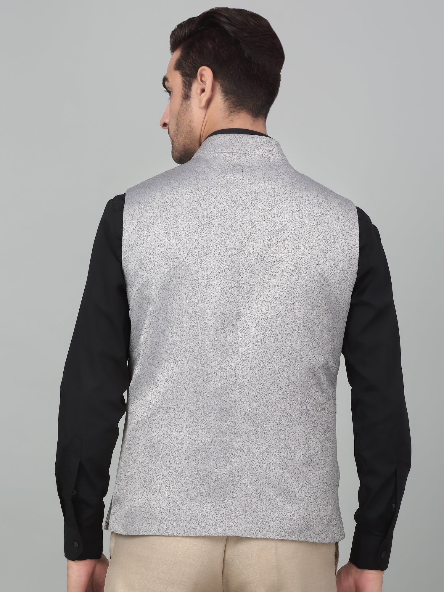 Men's Grey Self Design Party Wear Waistcoat - Image 2