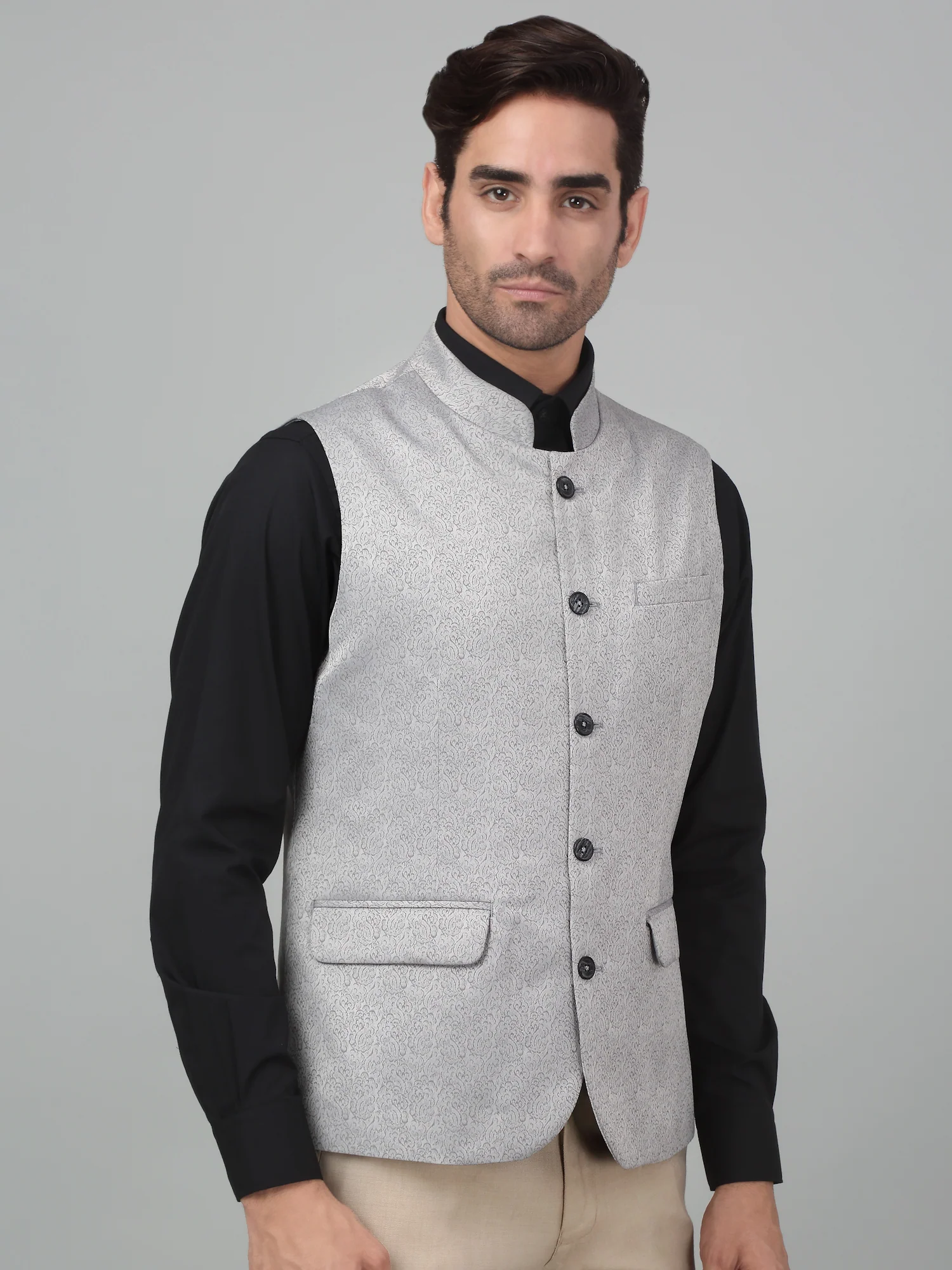 Men's Grey Self Design Party Wear Waistcoat - Image 3