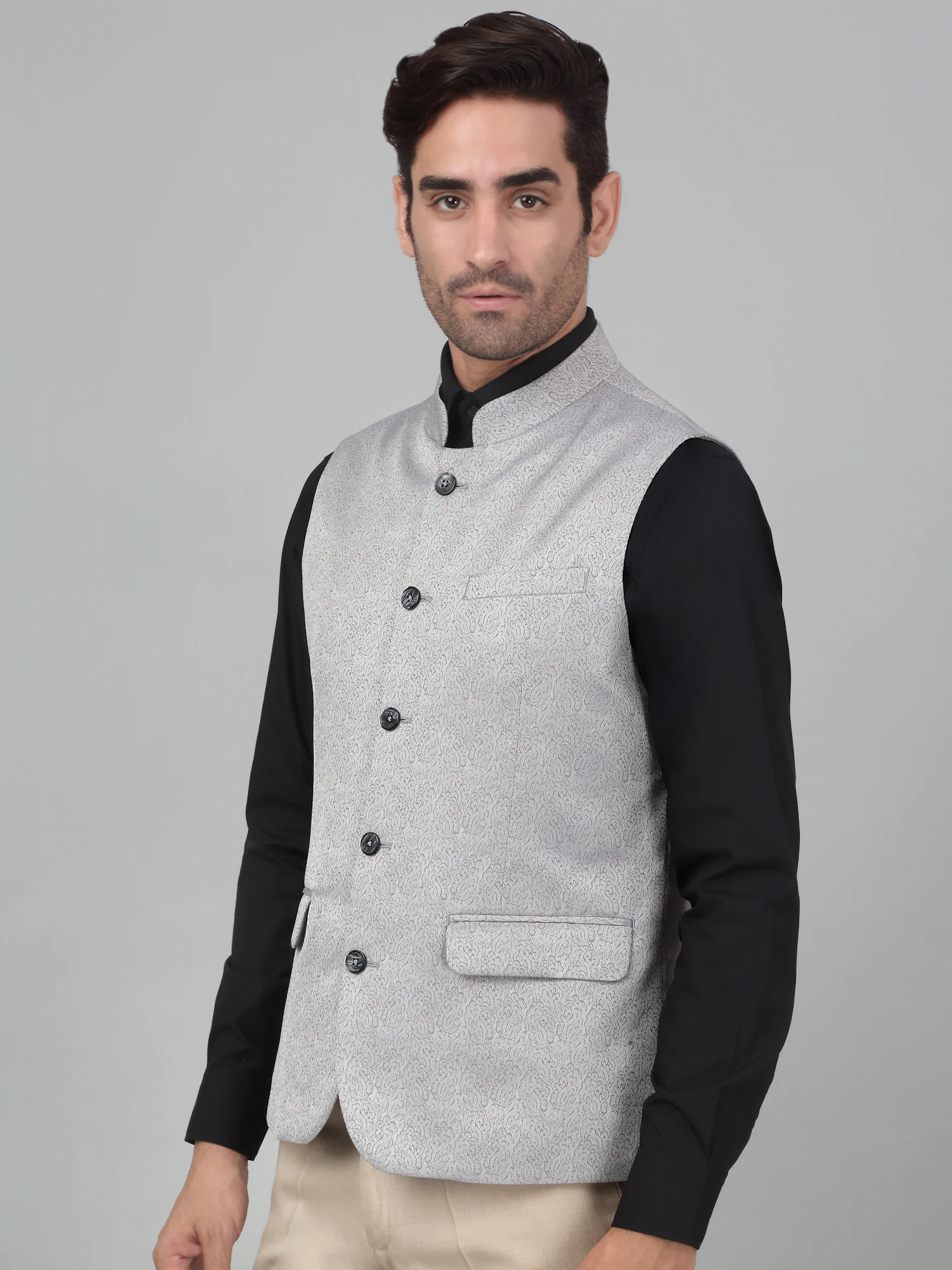 Men's Grey Self Design Party Wear Waistcoat - Image 4