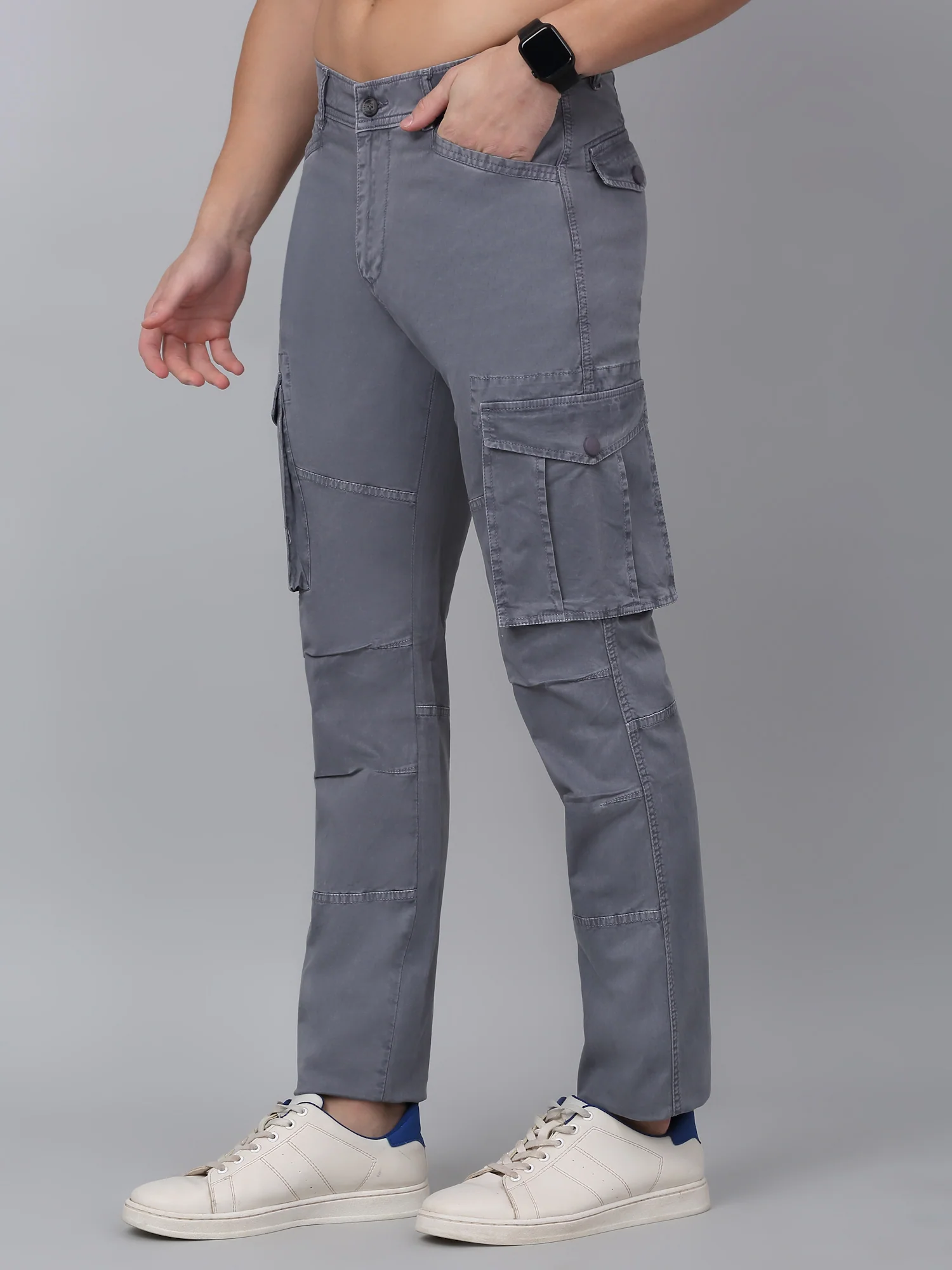 Men's Grey Solid Full Length Stretchable Cargo - Image 3