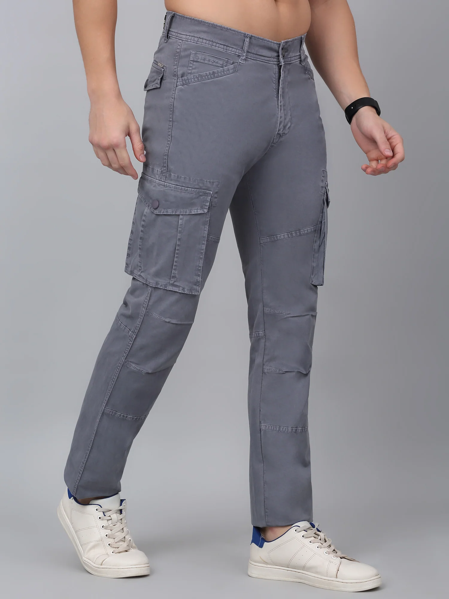 Men's Grey Solid Full Length Stretchable Cargo - Image 4