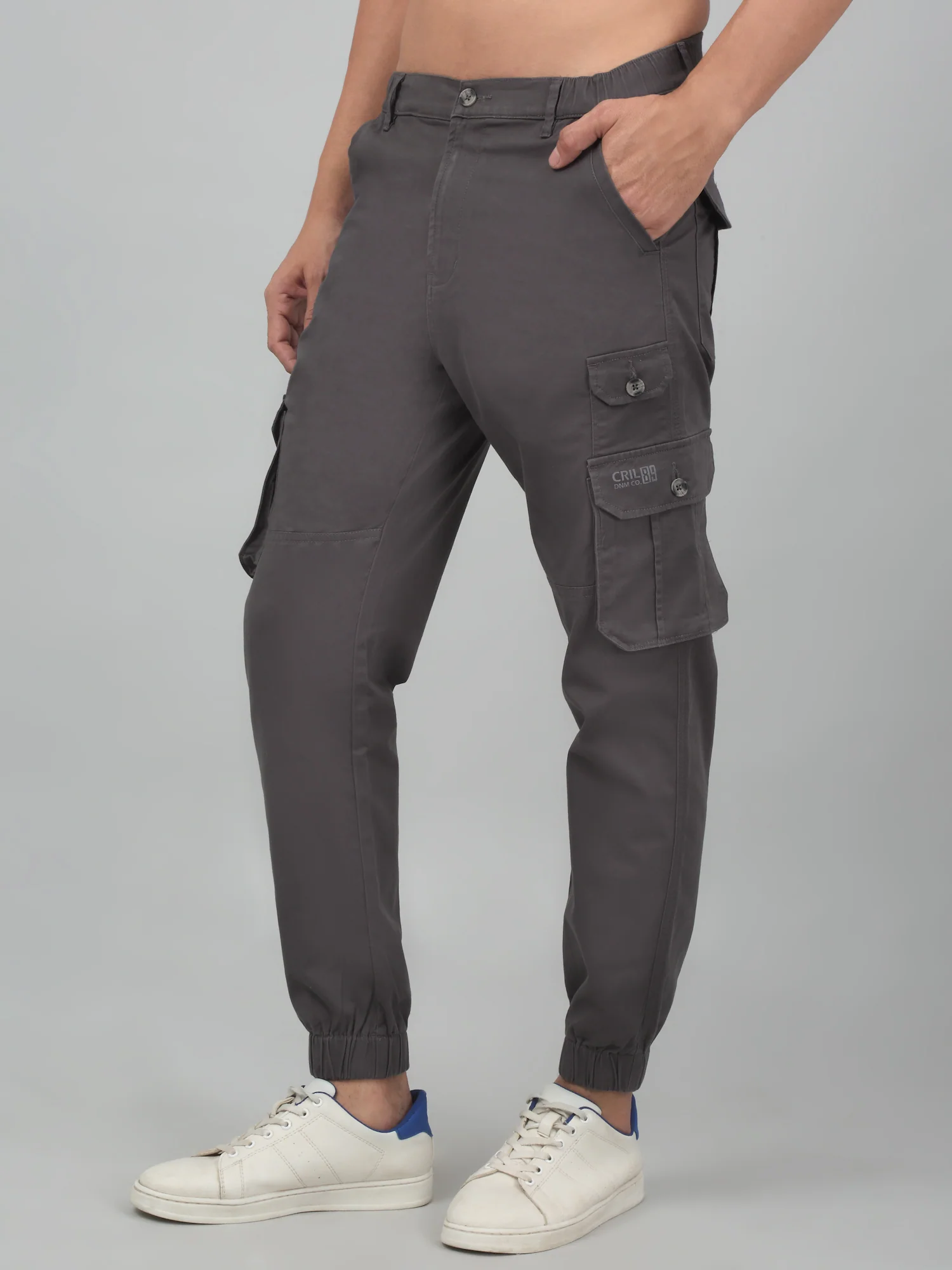 Men's Grey Solid Stretchable Cargo - Image 3