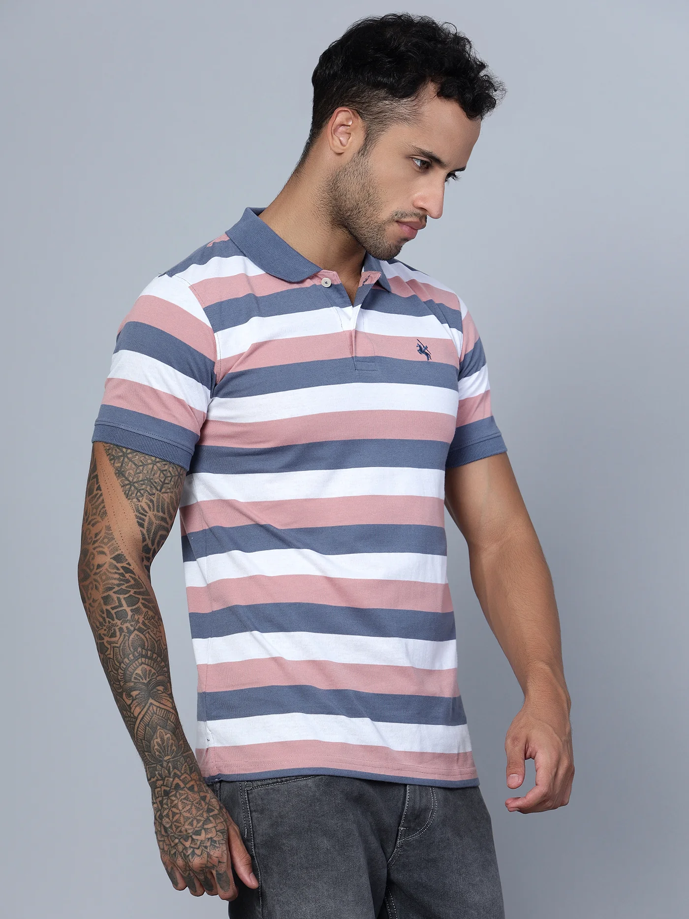 T-Shirt for Men | Breathable & Soft with Color Fastness Regular Fit Polo Neck Poly Cotton Fabric Striped Pattern - Image 3