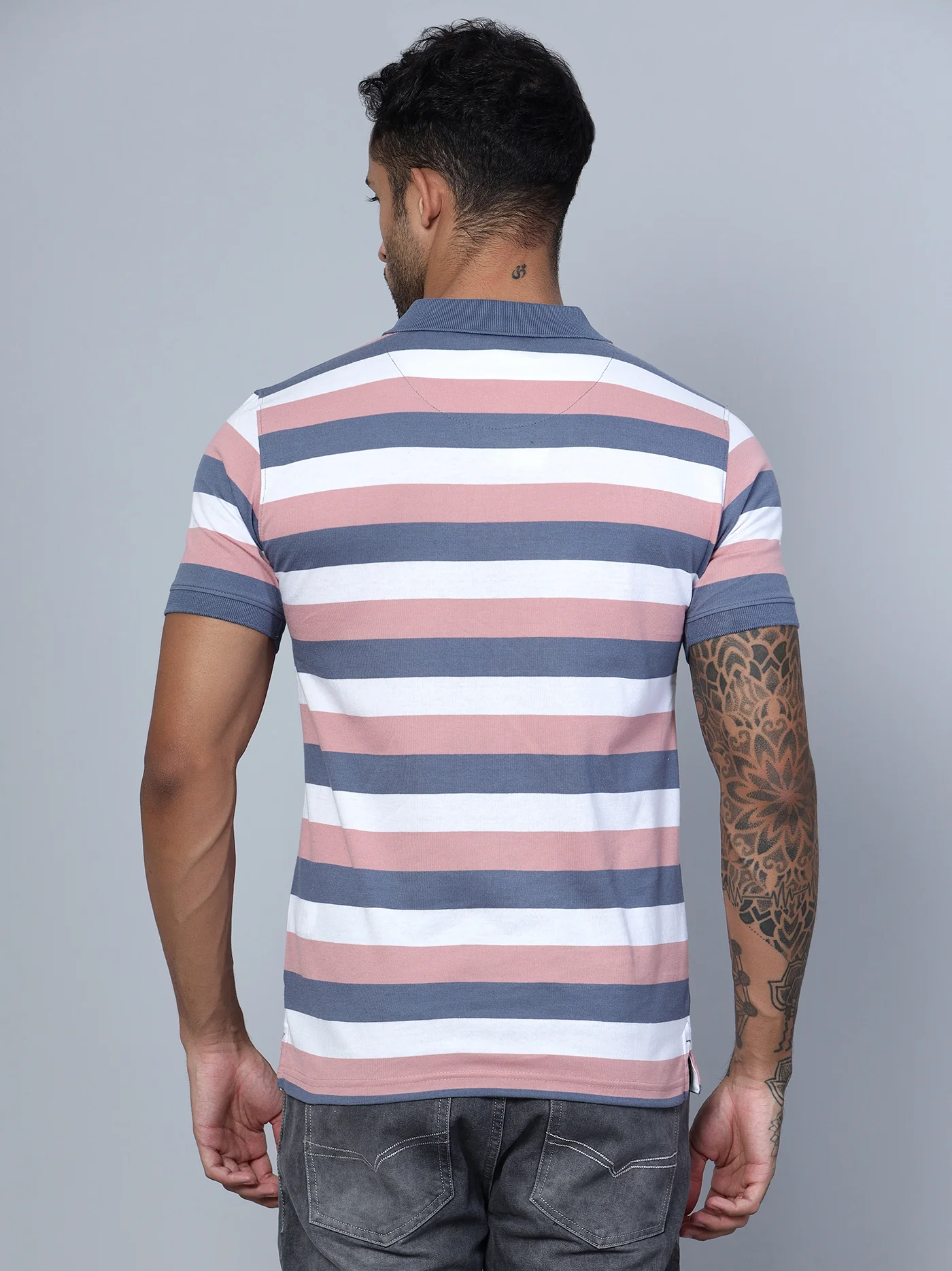 T-Shirt for Men | Breathable & Soft with Color Fastness Regular Fit Polo Neck Poly Cotton Fabric Striped Pattern - Image 4