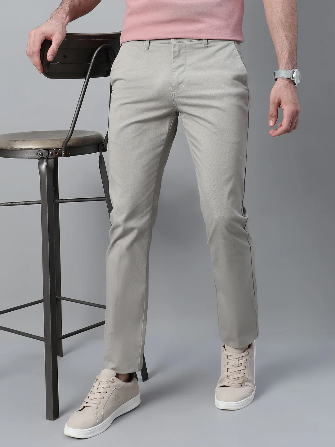 Men's Ivory Self Design Non-Pleated Stretchable Casual Trouser - Image 6