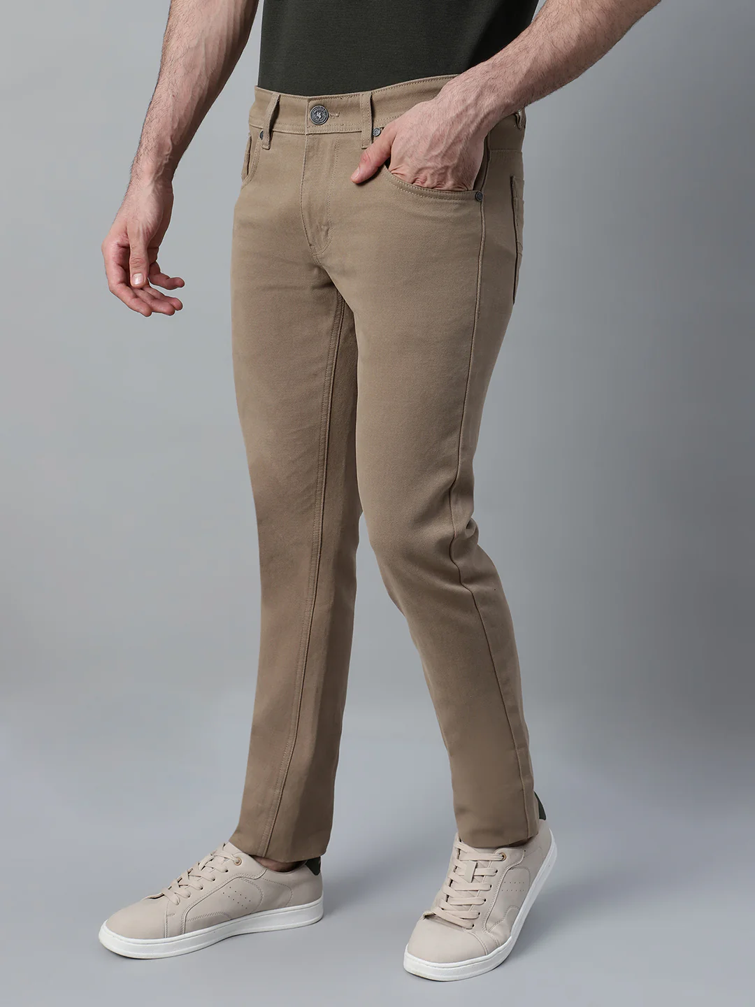 Men's Khaki Self Design Non-Pleated Casual Trouser - Image 3