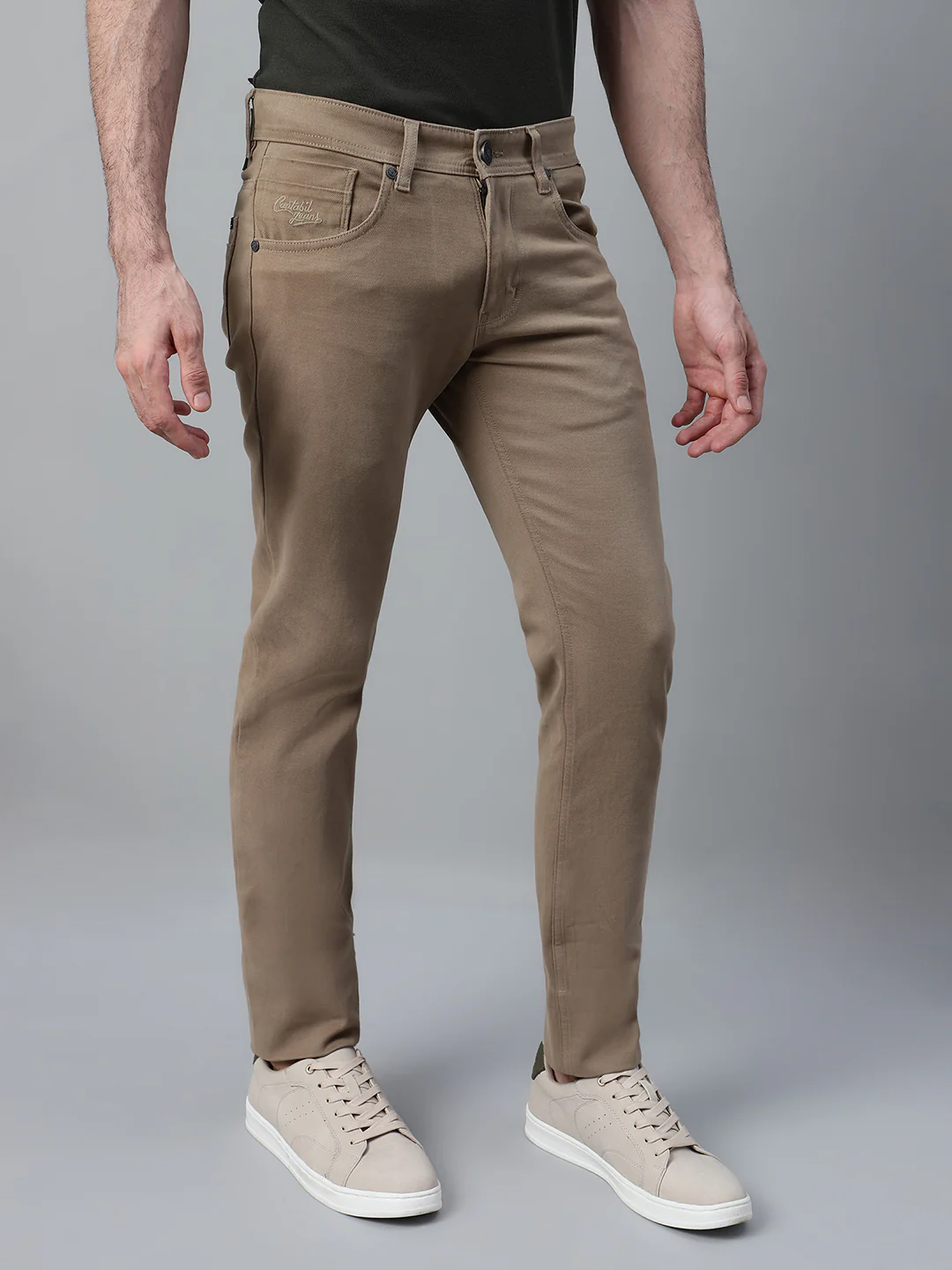 Men's Khaki Self Design Non-Pleated Casual Trouser - Image 4
