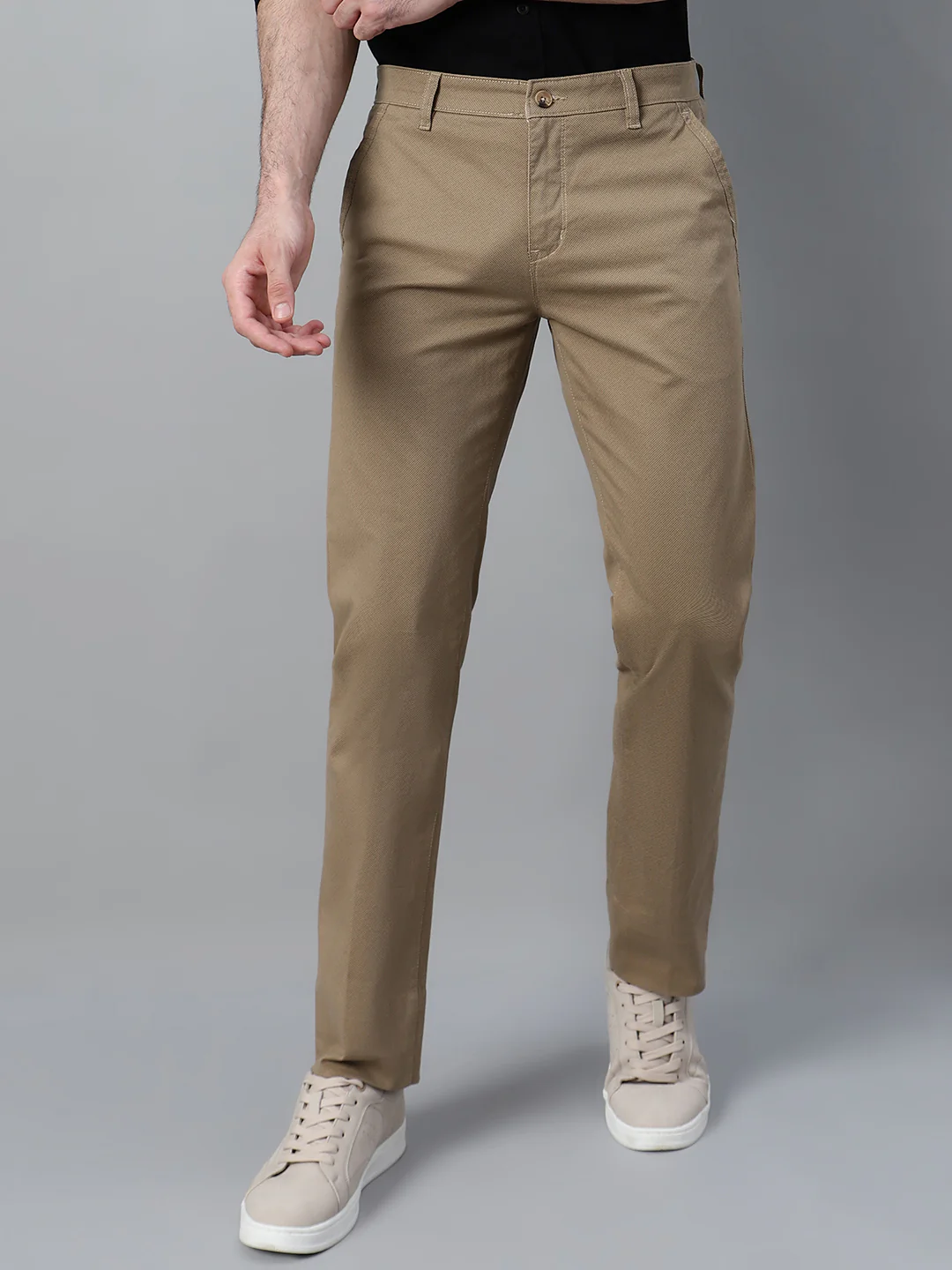 Men's Khaki Self Design Non-Pleated Casual Trouser - Image 5