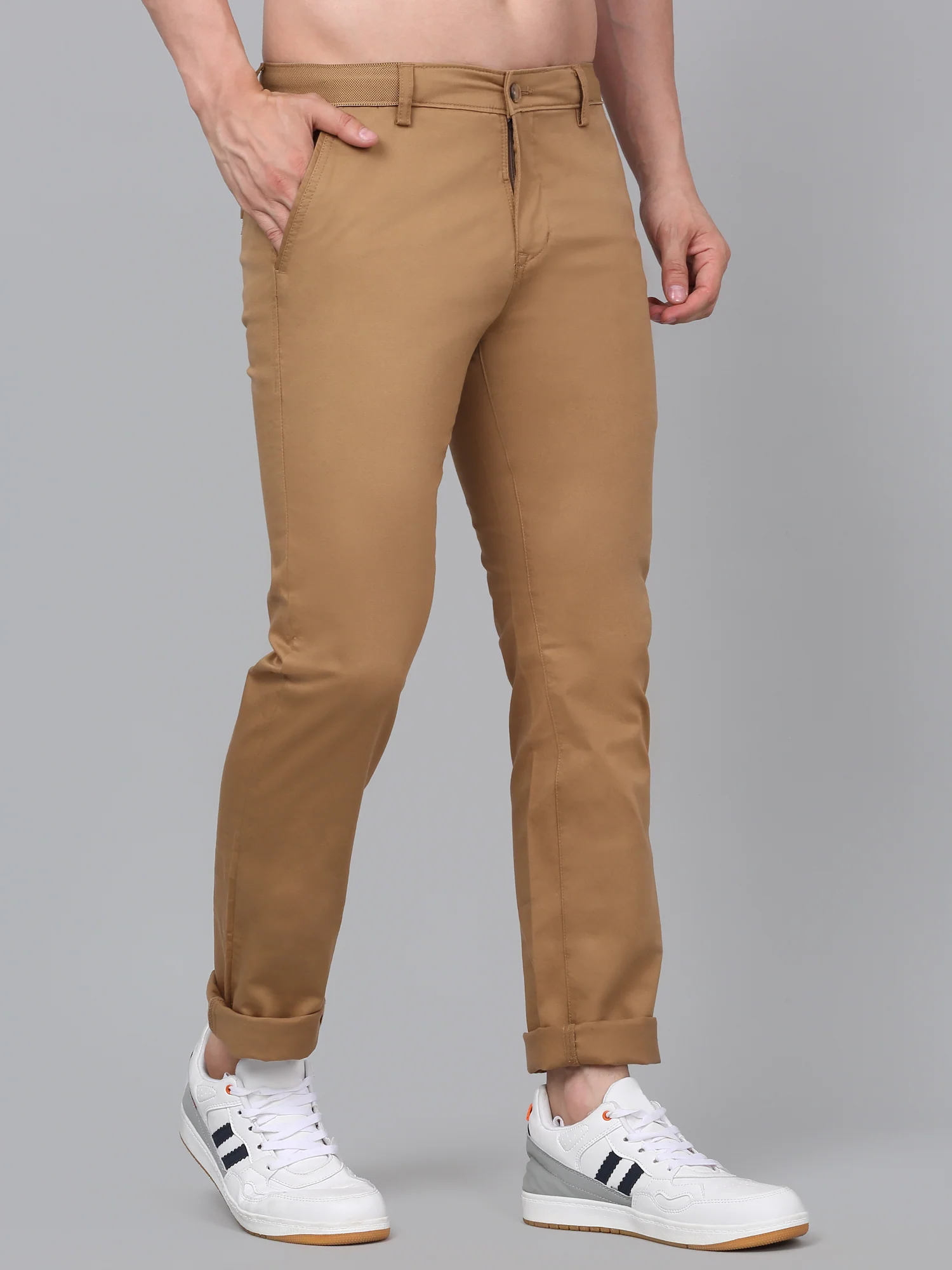 Men's Khaki Self-Design Non-Pleated Stretchable Casual Trouser - Image 3