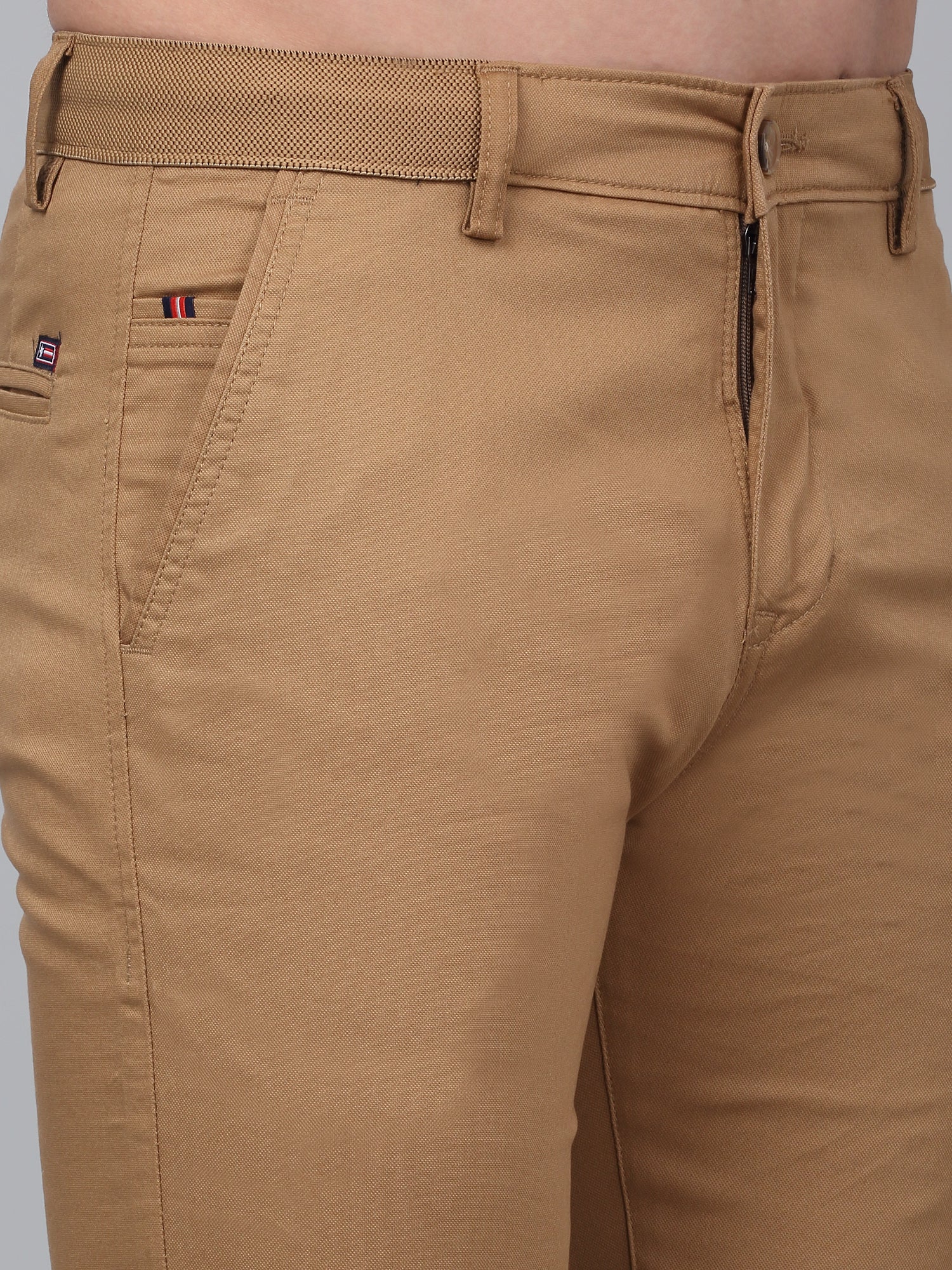 Men's Khaki Self-Design Non-Pleated Stretchable Casual Trouser - Image 5