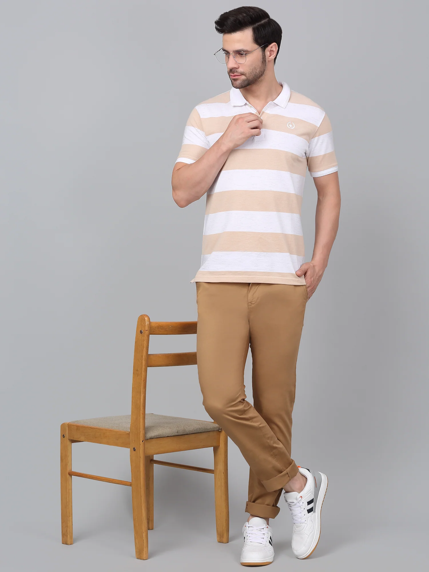 Men's Khaki Self-Design Non-Pleated Stretchable Casual Trouser - Image 6