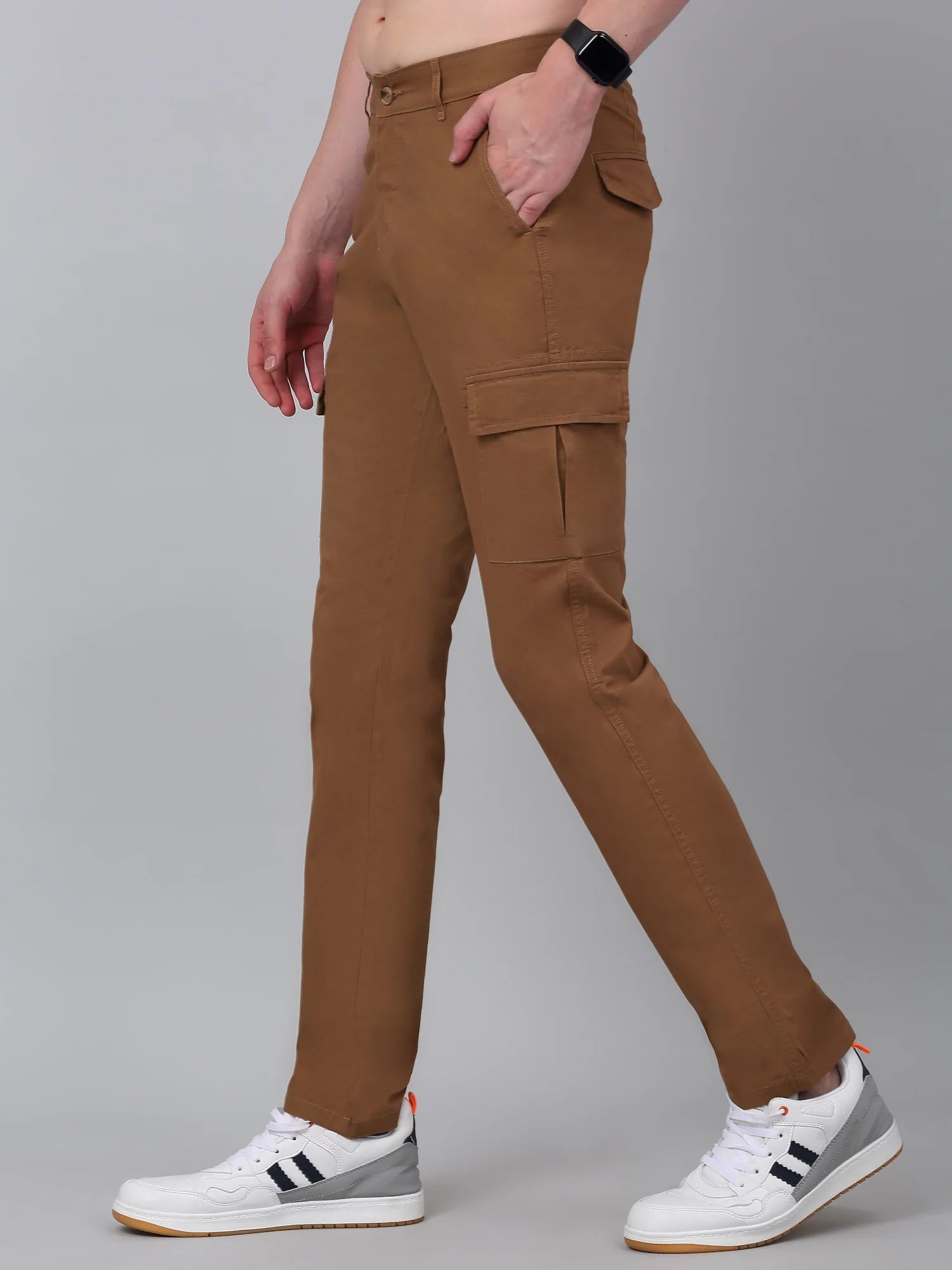 Men's Khaki Solid Full Length Stretchable Cargo - Image 3