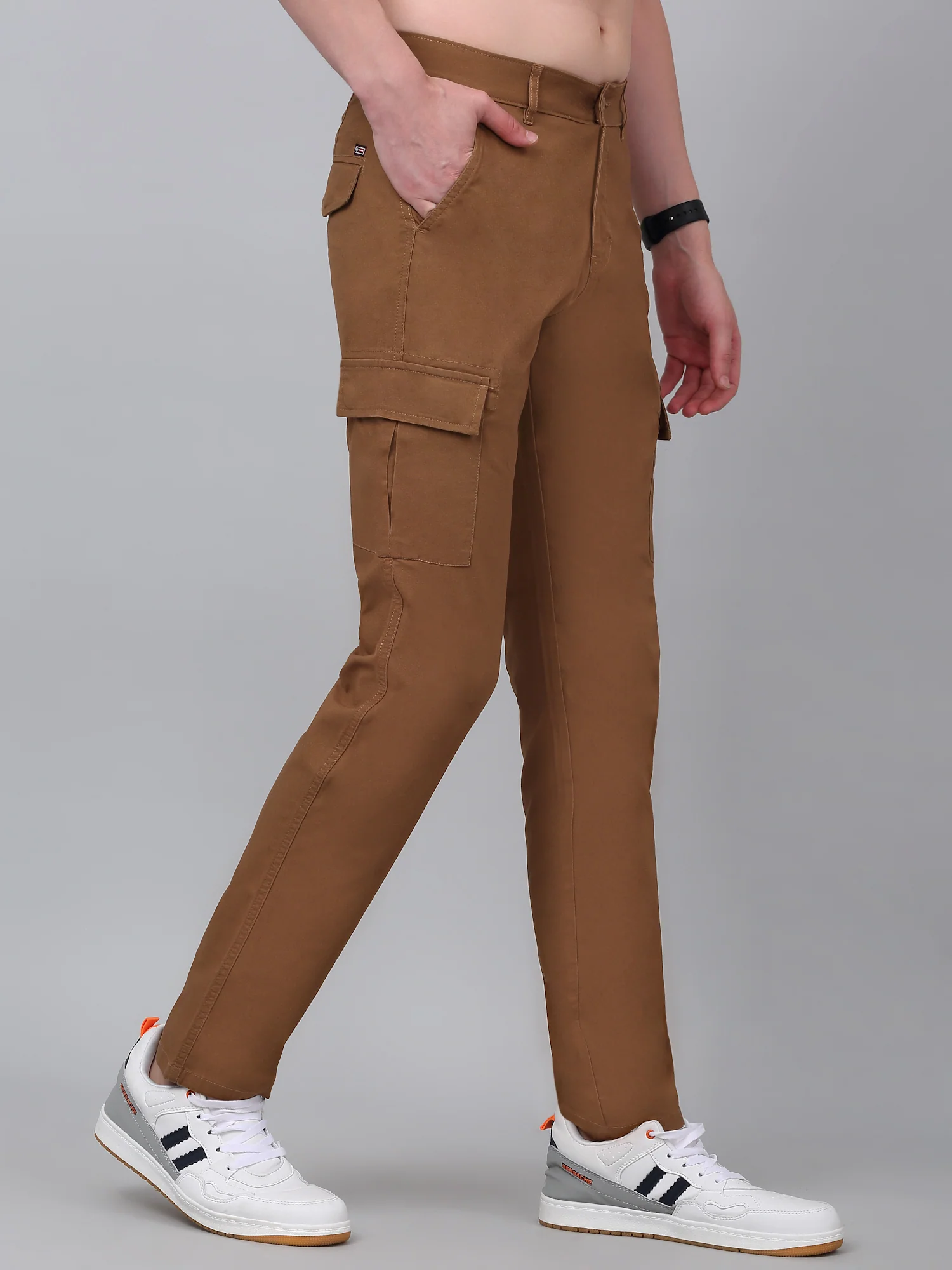 Men's Khaki Solid Full Length Stretchable Cargo - Image 4
