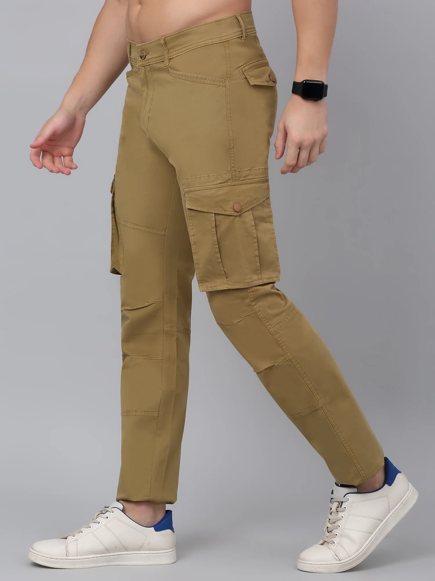 Men's Khaki Solid Full Length Stretchable Cargo - Image 3