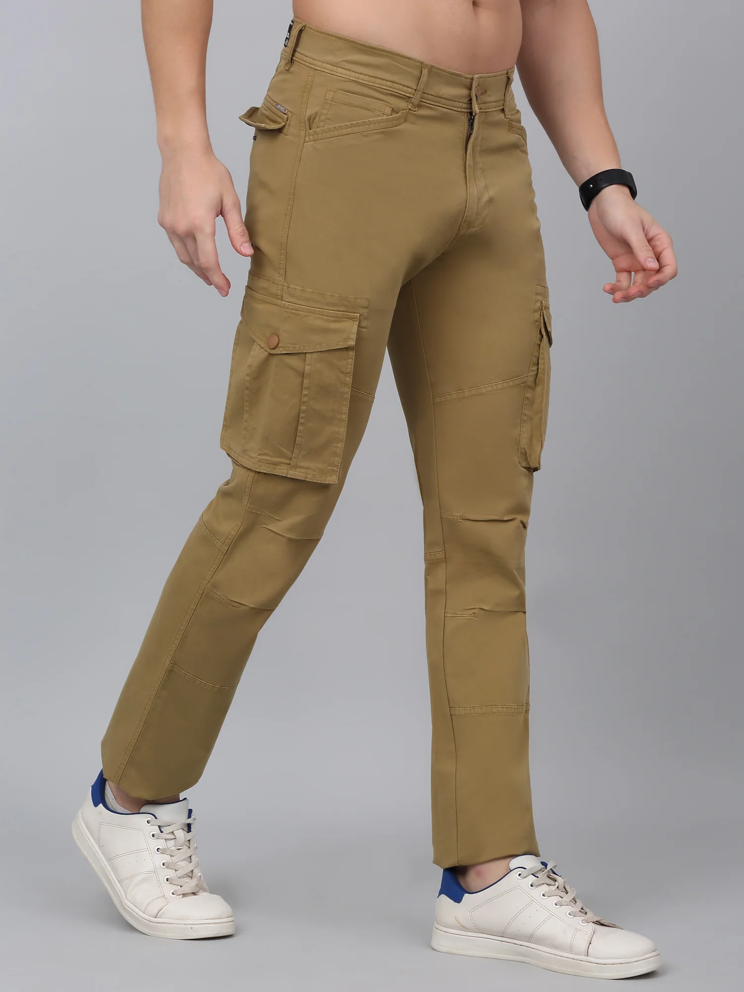 Men's Khaki Solid Full Length Stretchable Cargo - Image 4