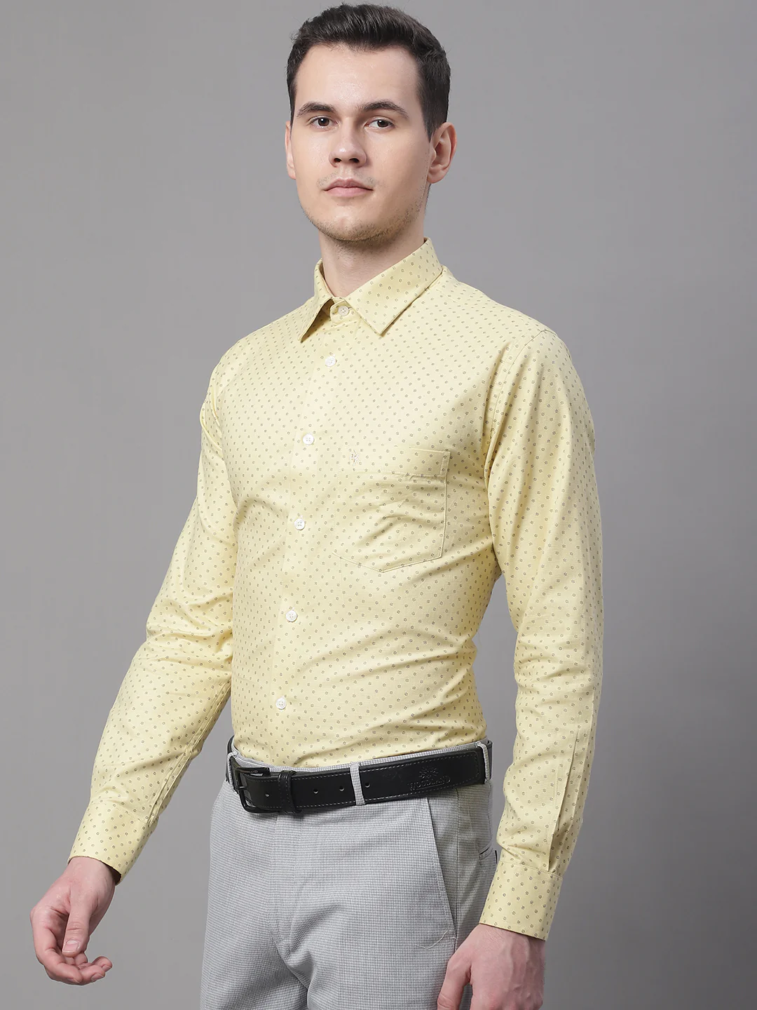 Men's Light Yellow Formal Ditsy Print Full Sleeve Shirt - Image 3