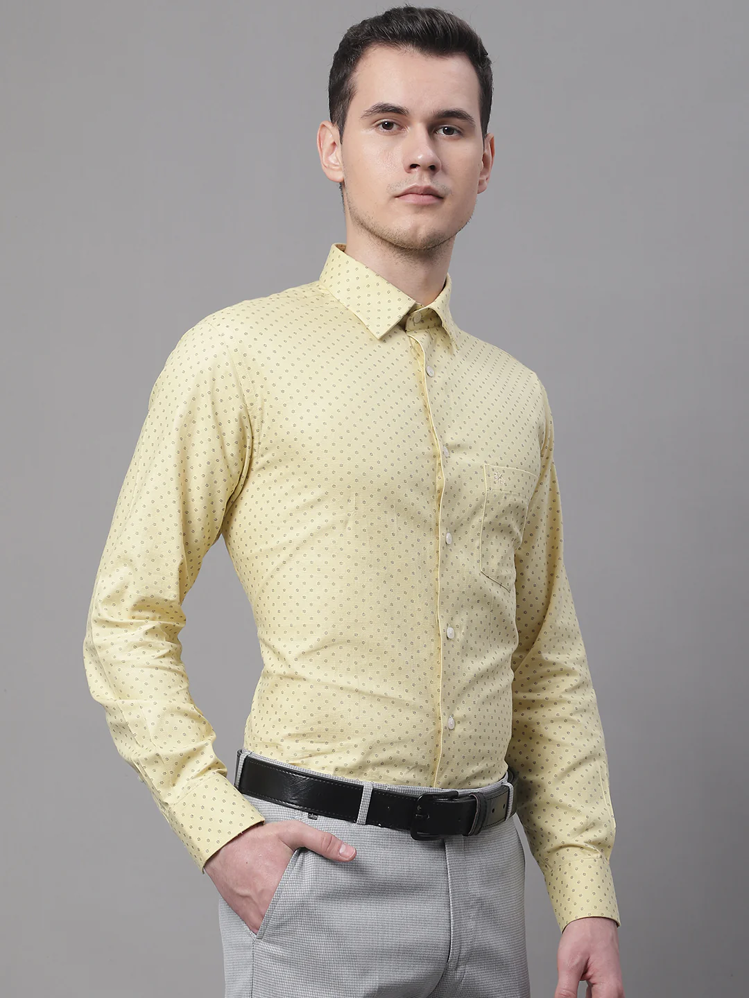 Men's Light Yellow Formal Ditsy Print Full Sleeve Shirt - Image 4