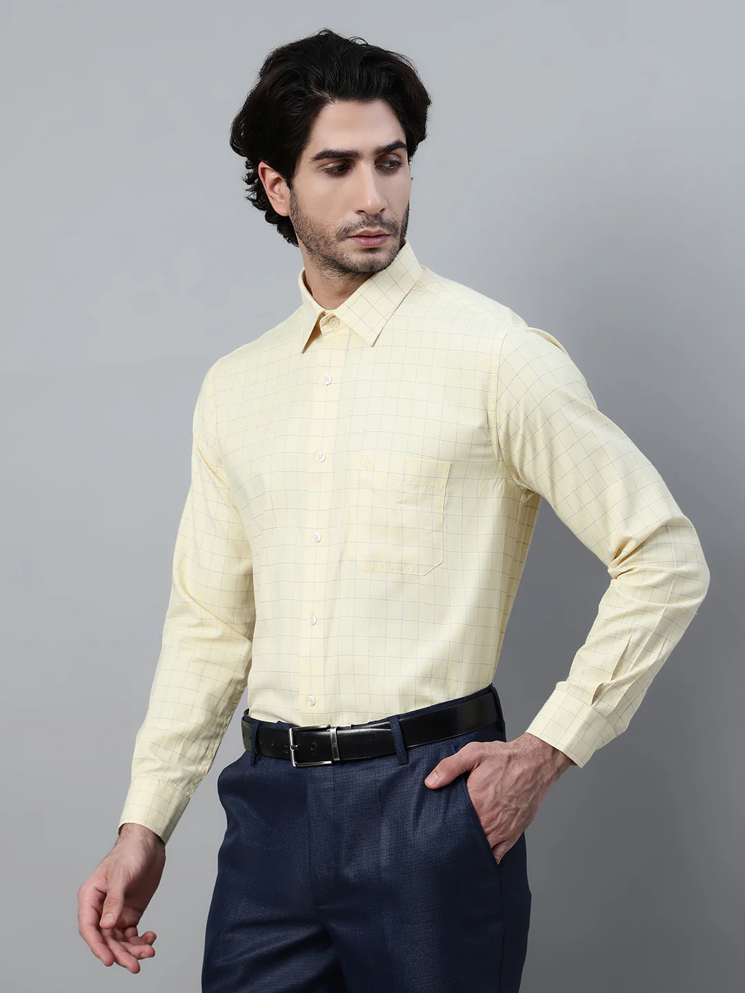 Men's Light Yellow Formal Medium Checks Full Sleeve Shirt - Image 3